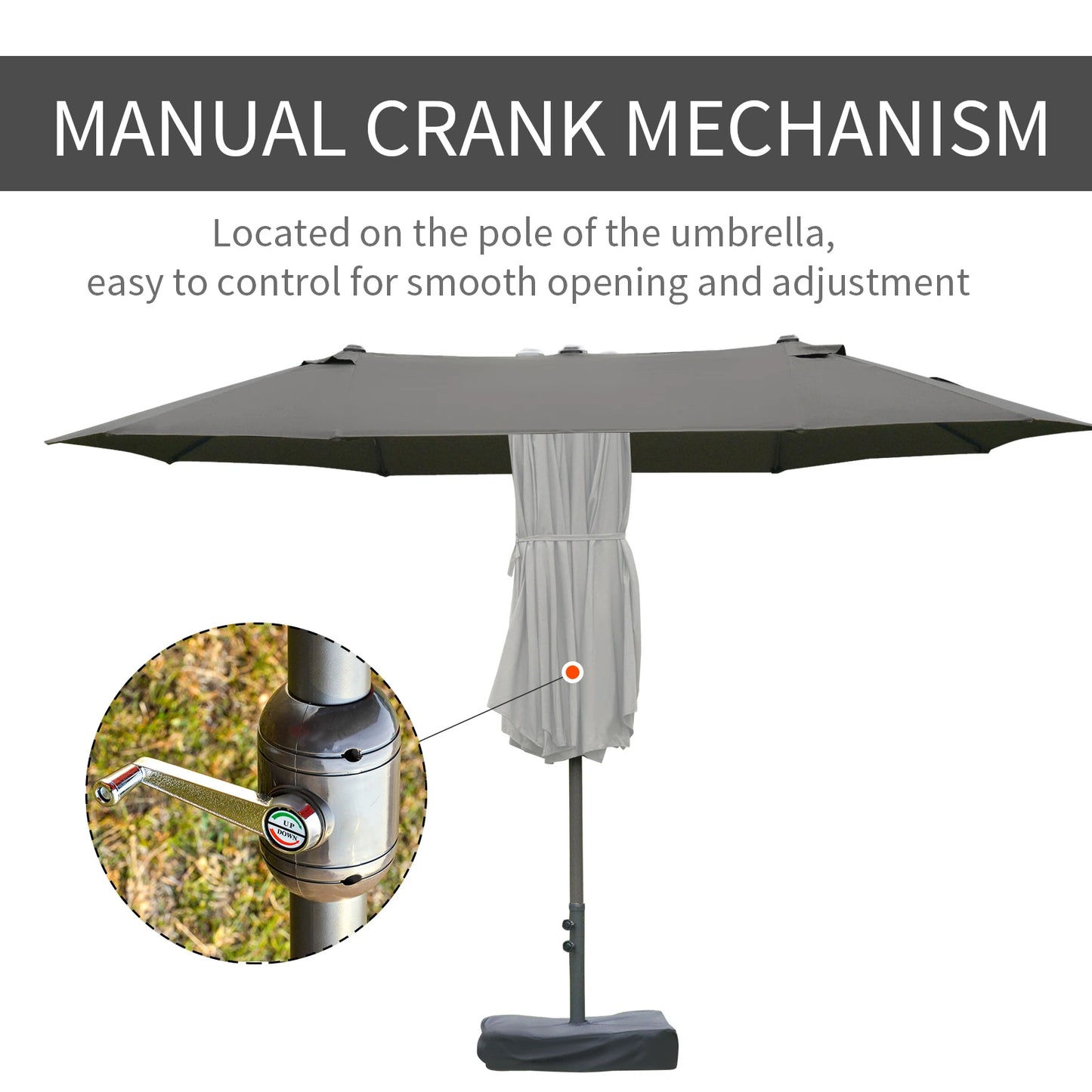 15' Outdoor Patio Umbrella with Twin Canopy Sunshade with Lift Crank, Cross base, Sandbag, Dark Grey