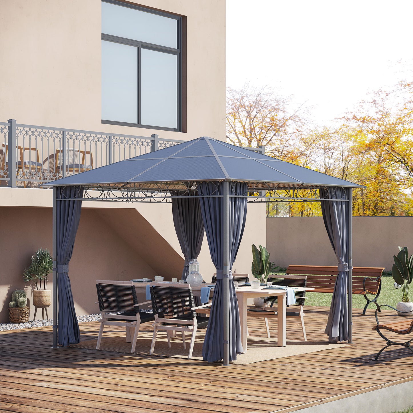 10' x 10' Polycarbonate Hardtop Gazebo Canopy Outdoor Patio Gazebo with Aluminum Frame & Curtains, Dark Grey