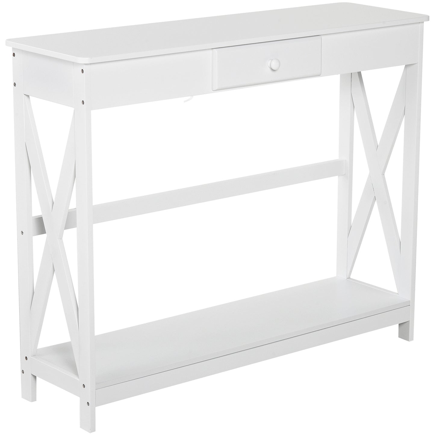 Console Table Or Narrow Entryway Table with Drawer Storage Shelf and X-frame, Slim Sofa Table for Living Room In White