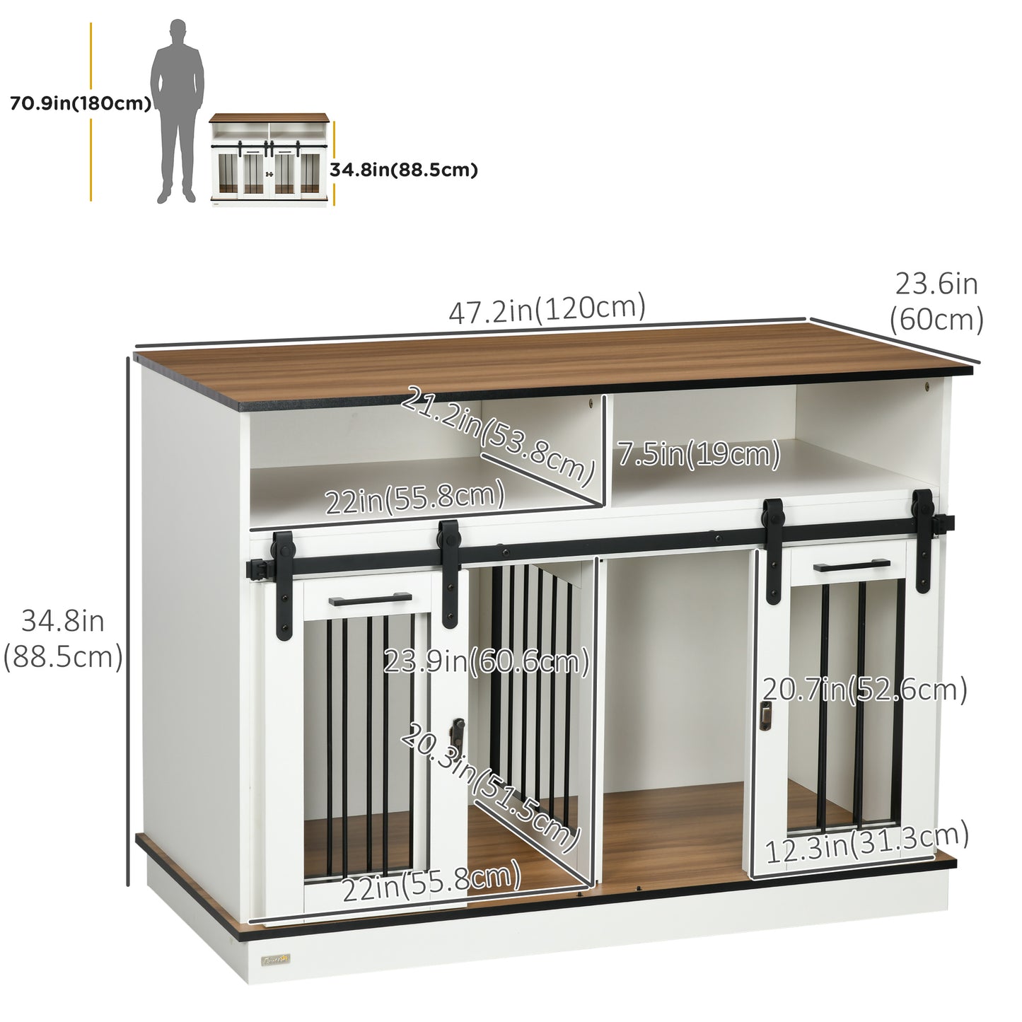 PawHut Dog Crate Furniture for Large Dogs with Removable Divider, Dog Kennel for 2 Small Dogs with Storage, White