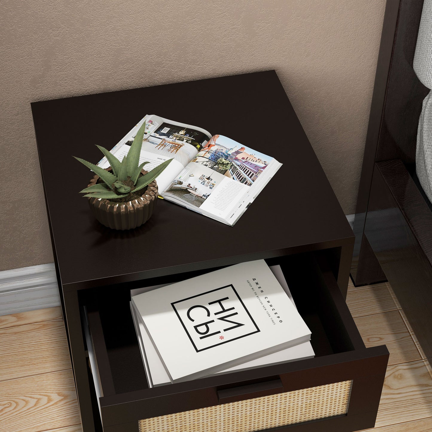 Modern Bedside Table, Accent Nightstand with Drawer and Open Shelf, Bed End Table for Bedroom, Living Room, Black