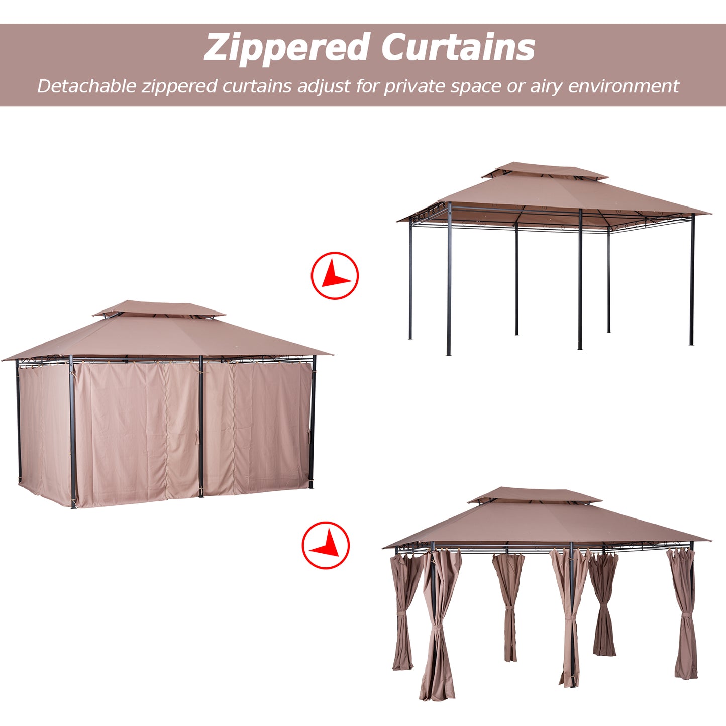 13'L x 10'W x 9.2'H Patio Gazebo Outdoor 2-Tiers Garden Canopy Yard Sunshade Shelter with Curtains Khaki