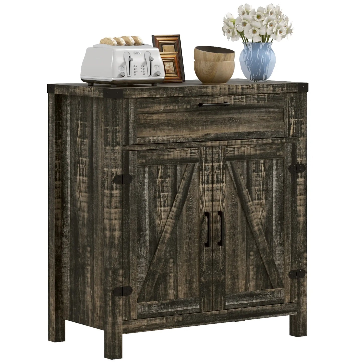 Farmhouse Kitchen Storage Cabinet or Entryway with 2 Rustic Barn Doors and Drawer, Dark Oak look