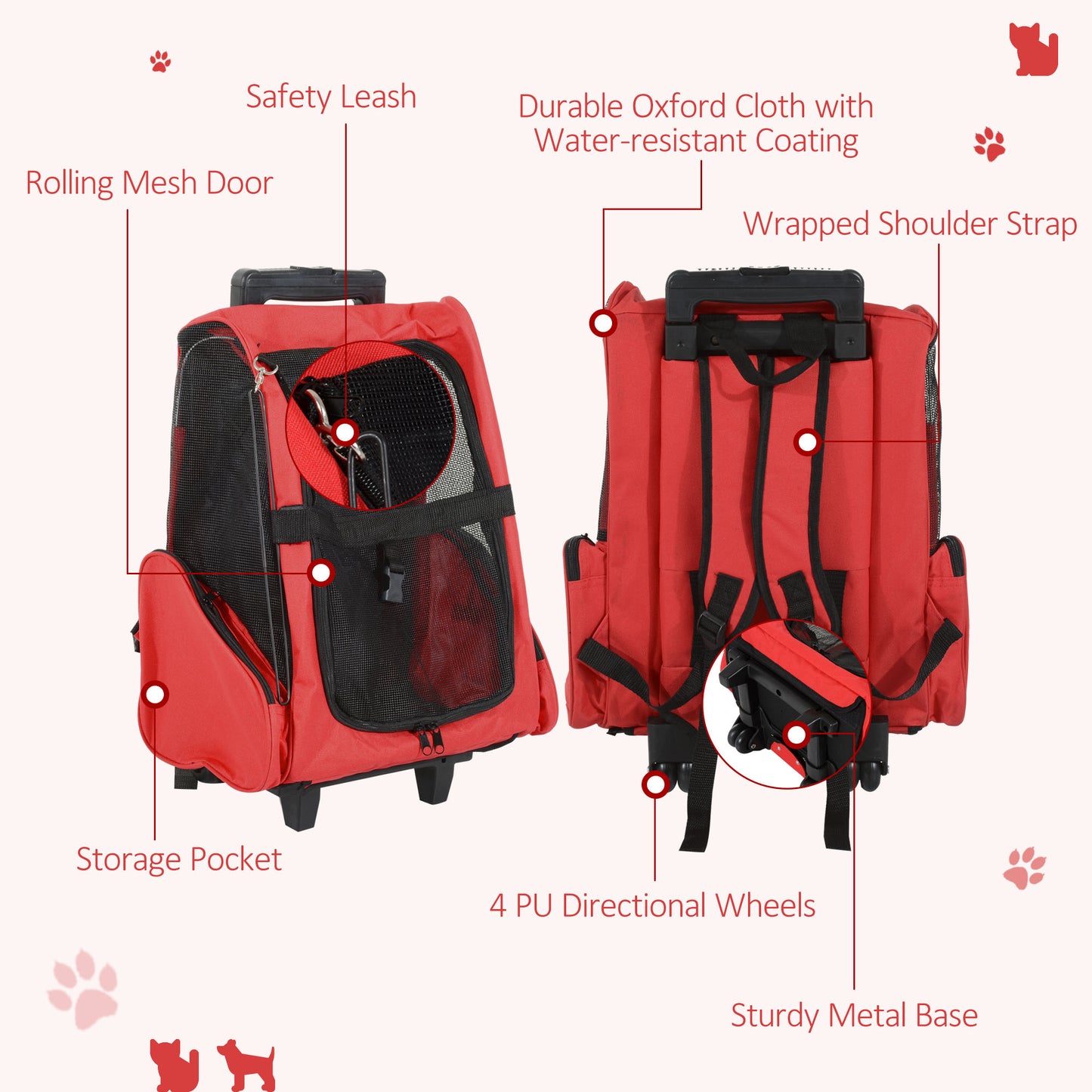 4-IN-1 Pet Luggage Box Carrier Cat Dog Backpack Crate Rolling Wheel w/ Removable Stand Red