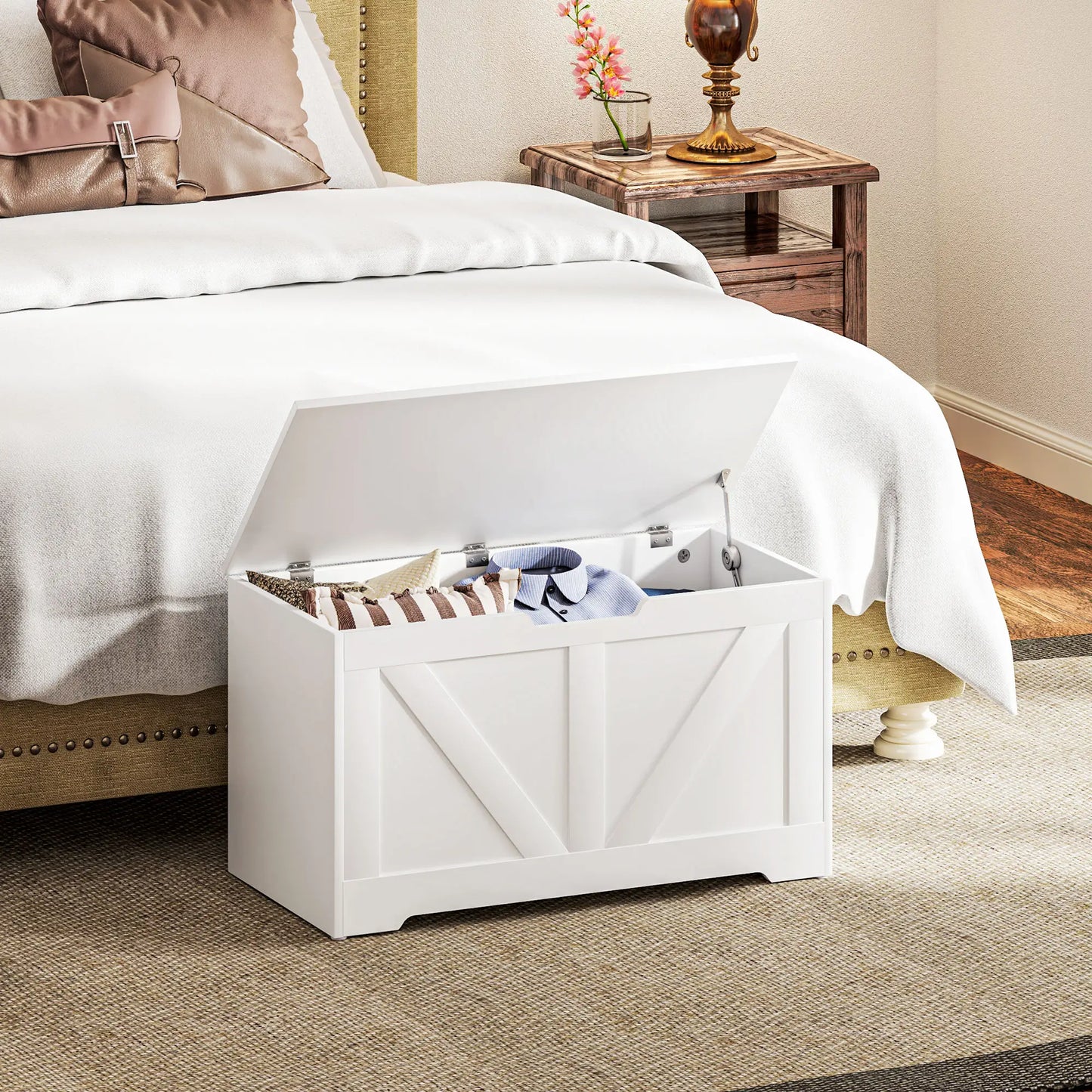 31.5 Inches Storage Chest with 2 Safety Hinges in White Wood Grain