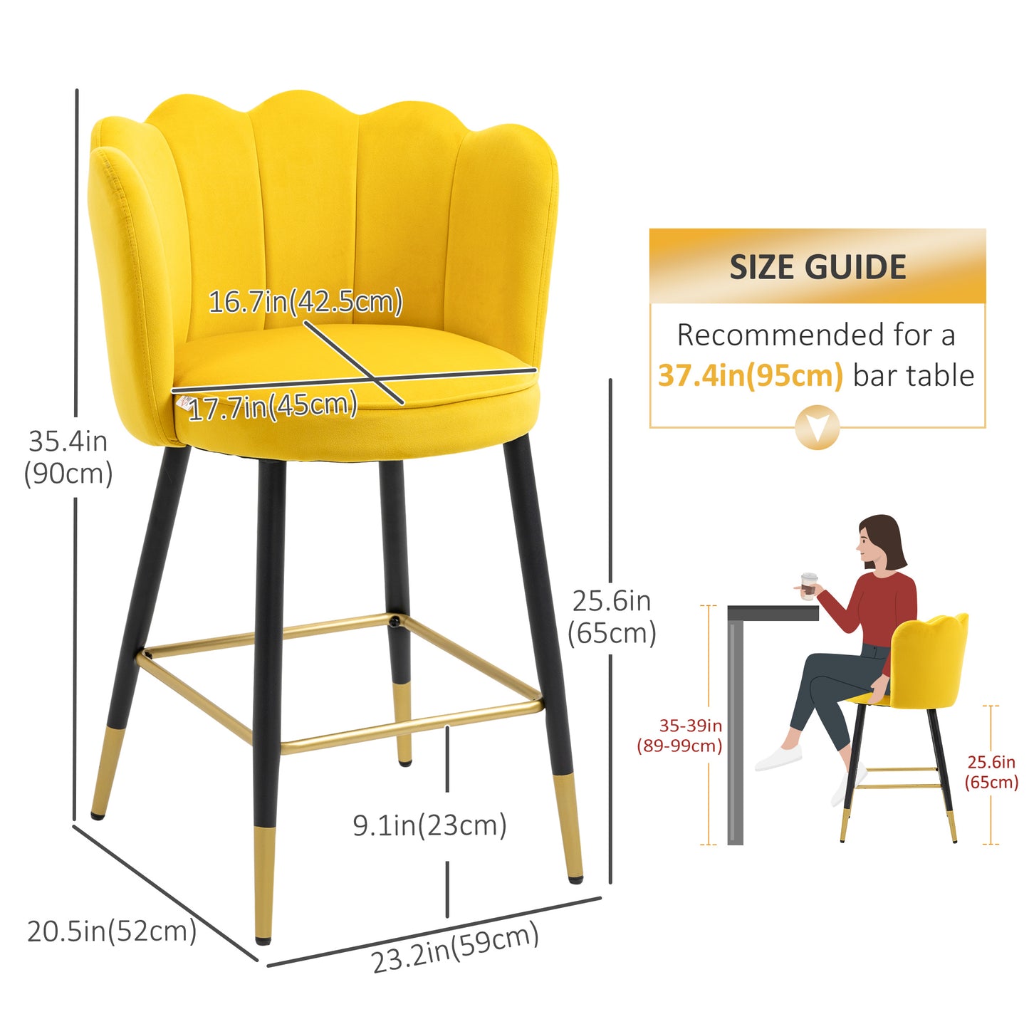 Bar Stools Set of 2 Modern Counter Height Bar Stools with Back, Footrest, Yellow