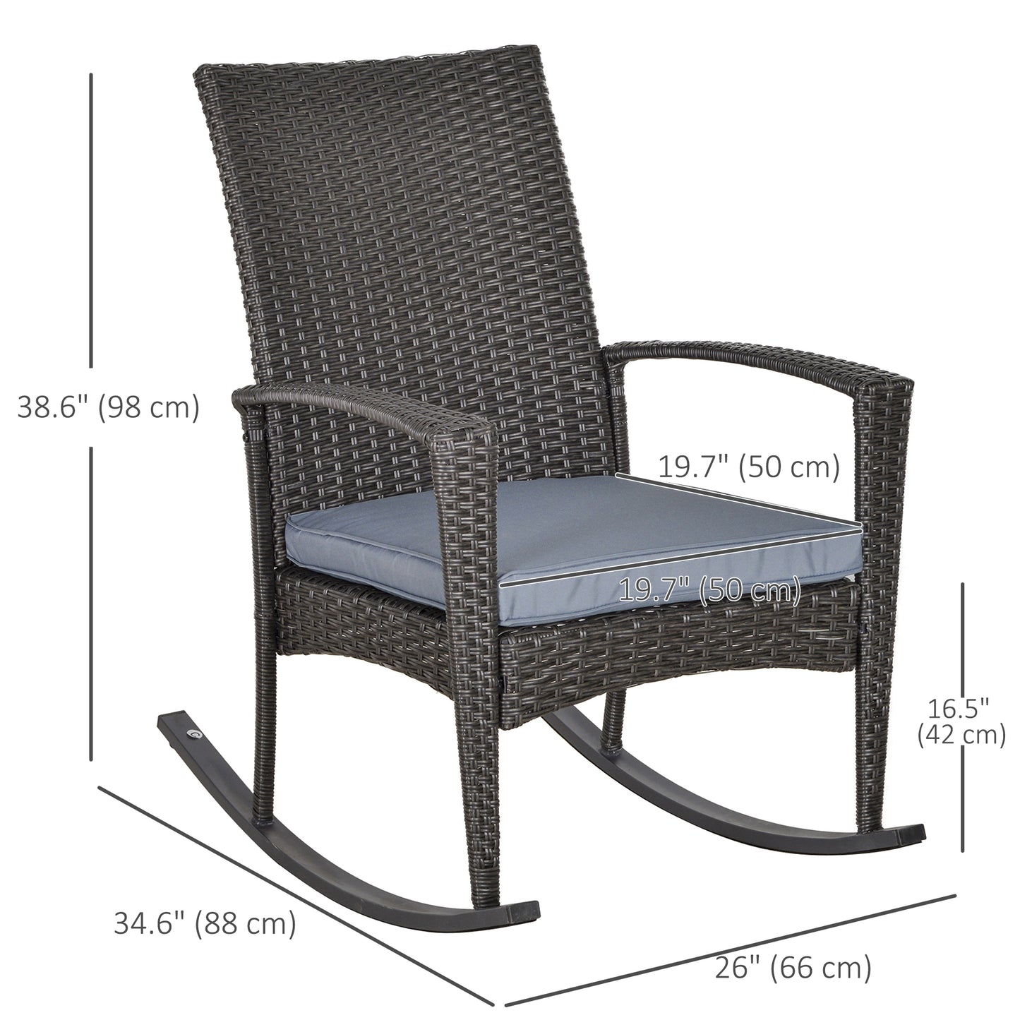 Outdoor PE Rattan Rocking Chair, Garden Glider Rocking Chair, Wicker Patio Chair Set with Armrest and Cushion, Grey