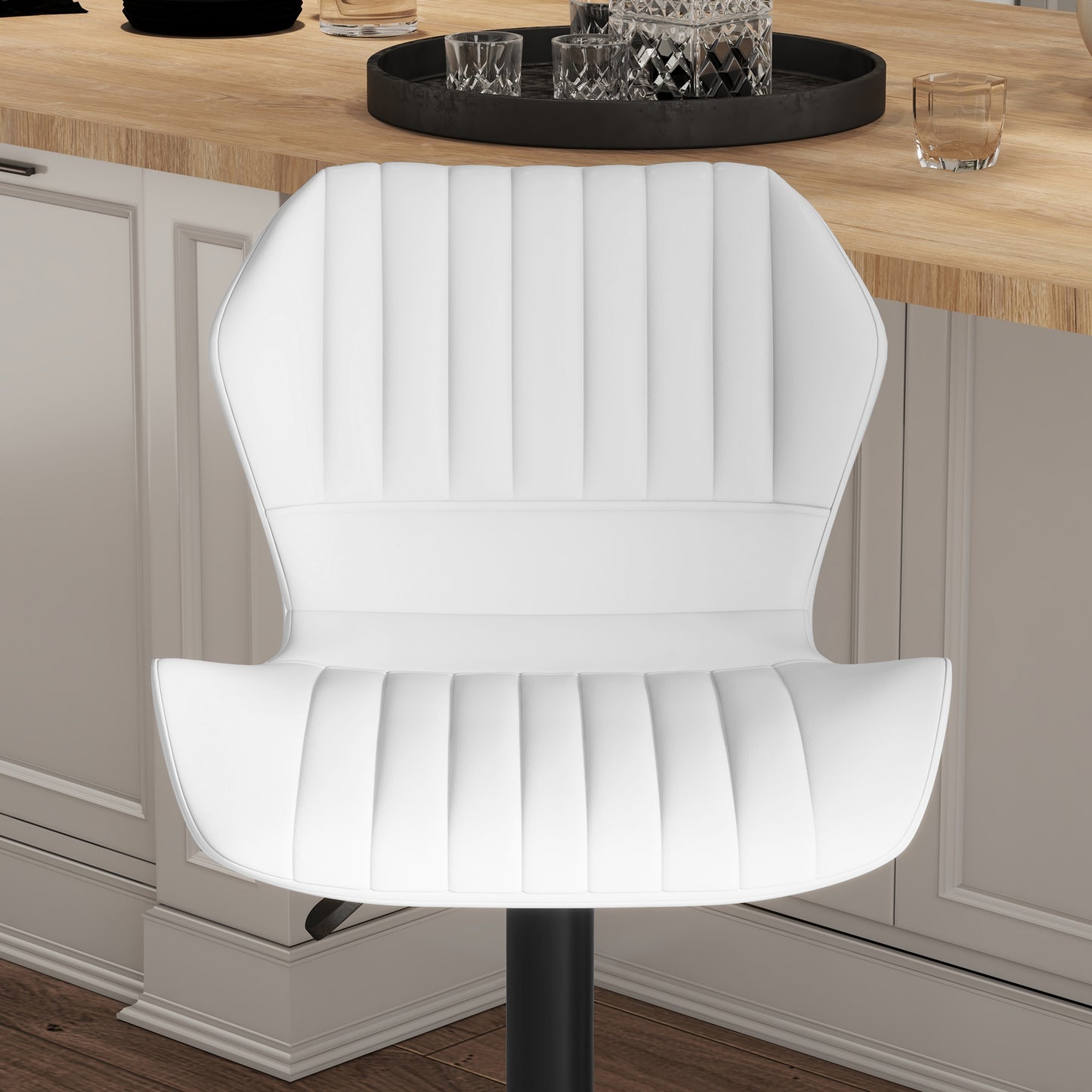 Shell Back Bar Stool Set of 2, PU Leather Adjustable Swivel Barstools with Chrome Base and Footrest for Kitchen Counter, Pub, White