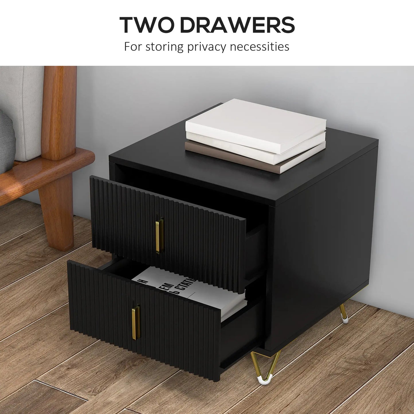 Modern Nightstand or End Table with 2 Drawers, Side End Table with Metal Legs for Living Room or Bedroom, Black