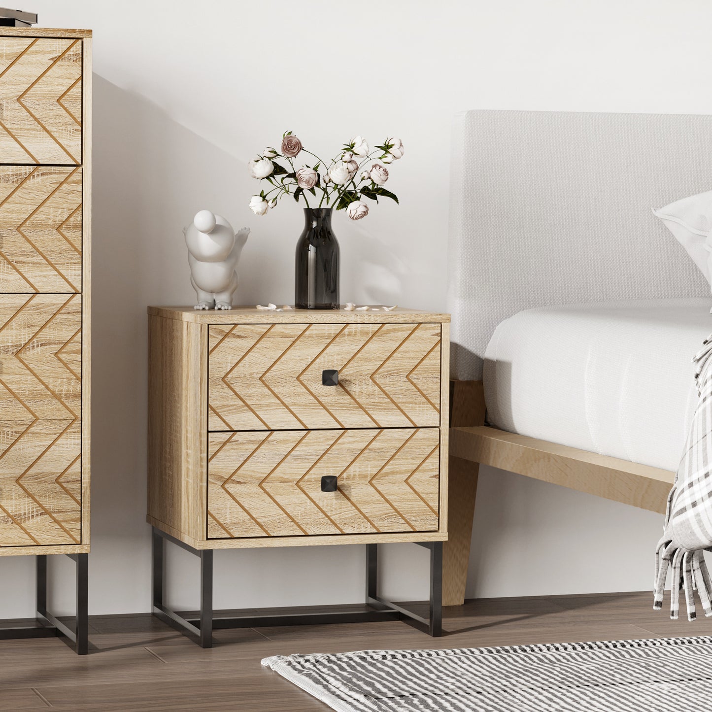 Modern Nightstand with Drawers, Side End Table with Metal Legs for Bedroom, Zig Zag Design, Natural