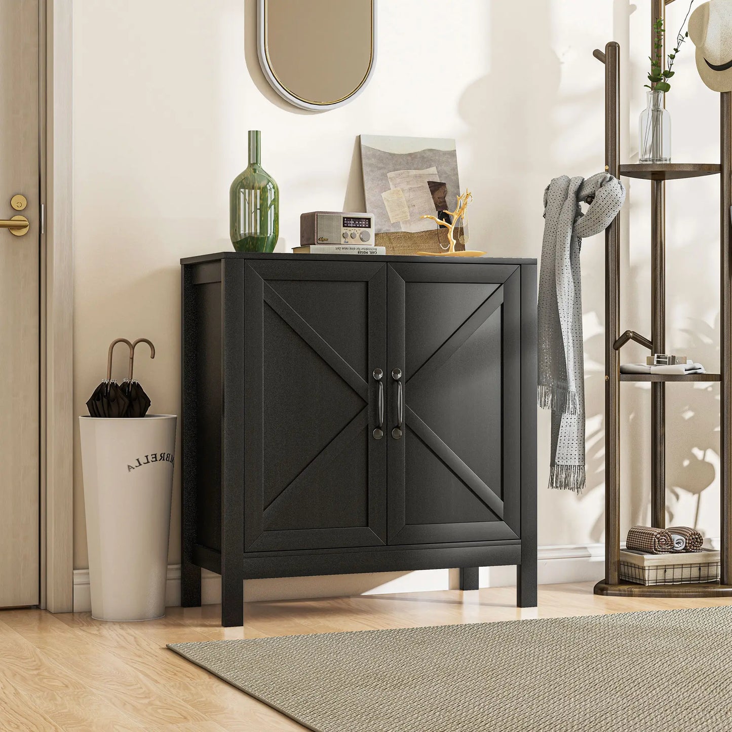 Small Sideboard Buffet or Entryway with Barn Door and Adjustable Shelves, Black