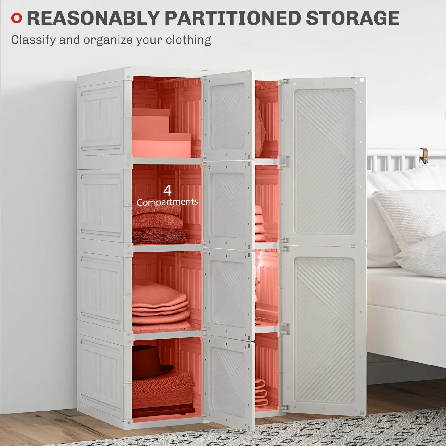 Portable Wardrobe, Foldable, Clothes Storage Organzier with 8 Compartments, Magnet Doors, White