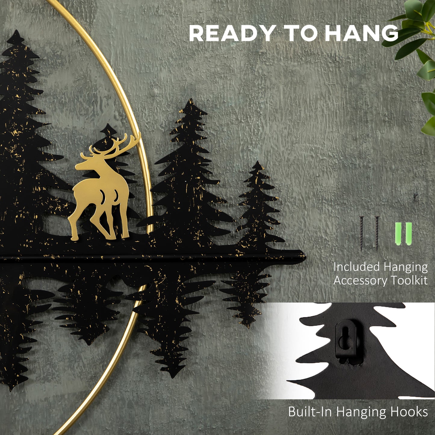 3D Metal Wall Art Modern Reindeer Forest Hanging Wall Sculptures Home Décor for Living Room Bedroom Dining Room, 47"x32"(120x80cm.), Gold Black