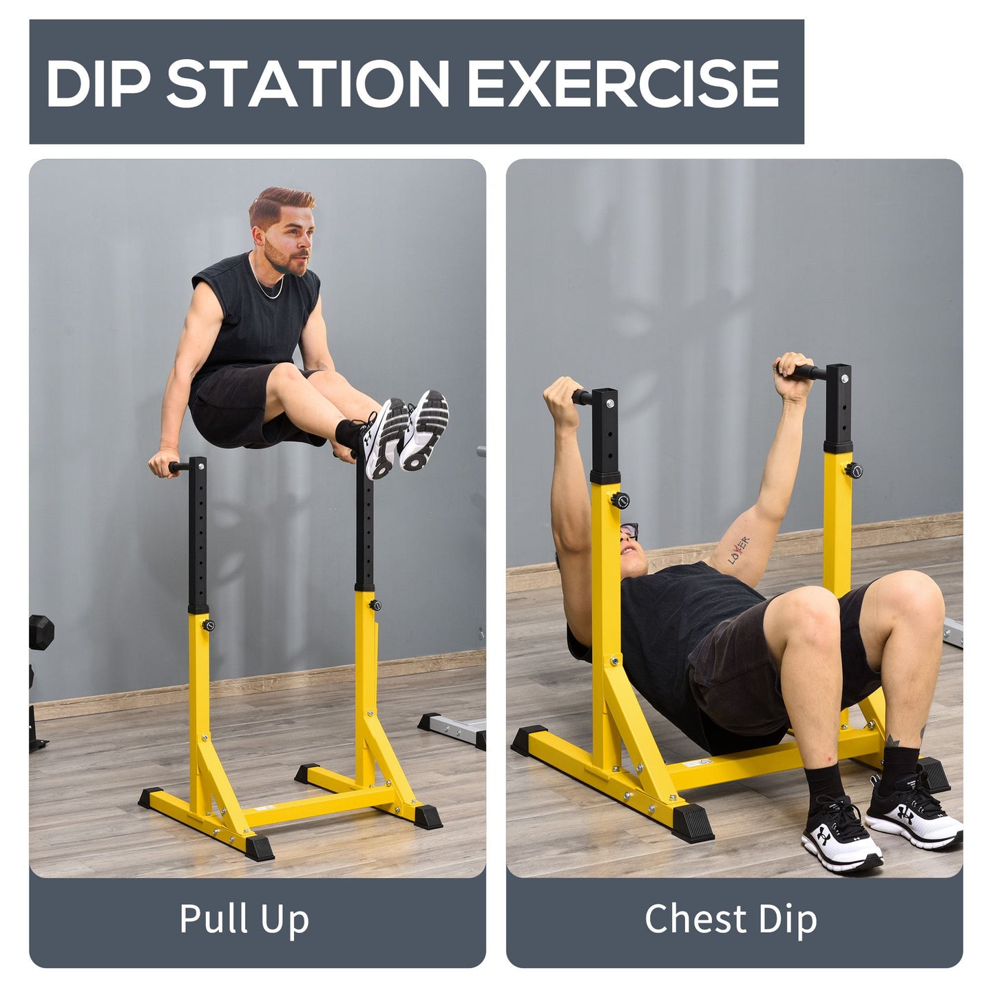 Dip Station, Body Press Parallel Bar with 10 Adjustable Height, Home Gym Workout Trainer Dip Bar, Yellow