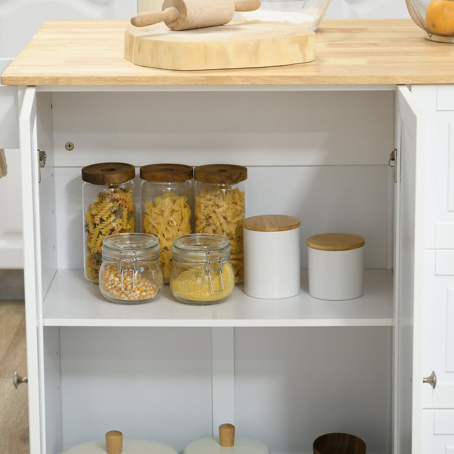 Kitchen Island with Drop Leaf, Rolling Kitchen Cart on Wheels with 3 Drawers, Cabinet, Natural Wood Top, Spice Rack and Towel Rack, White