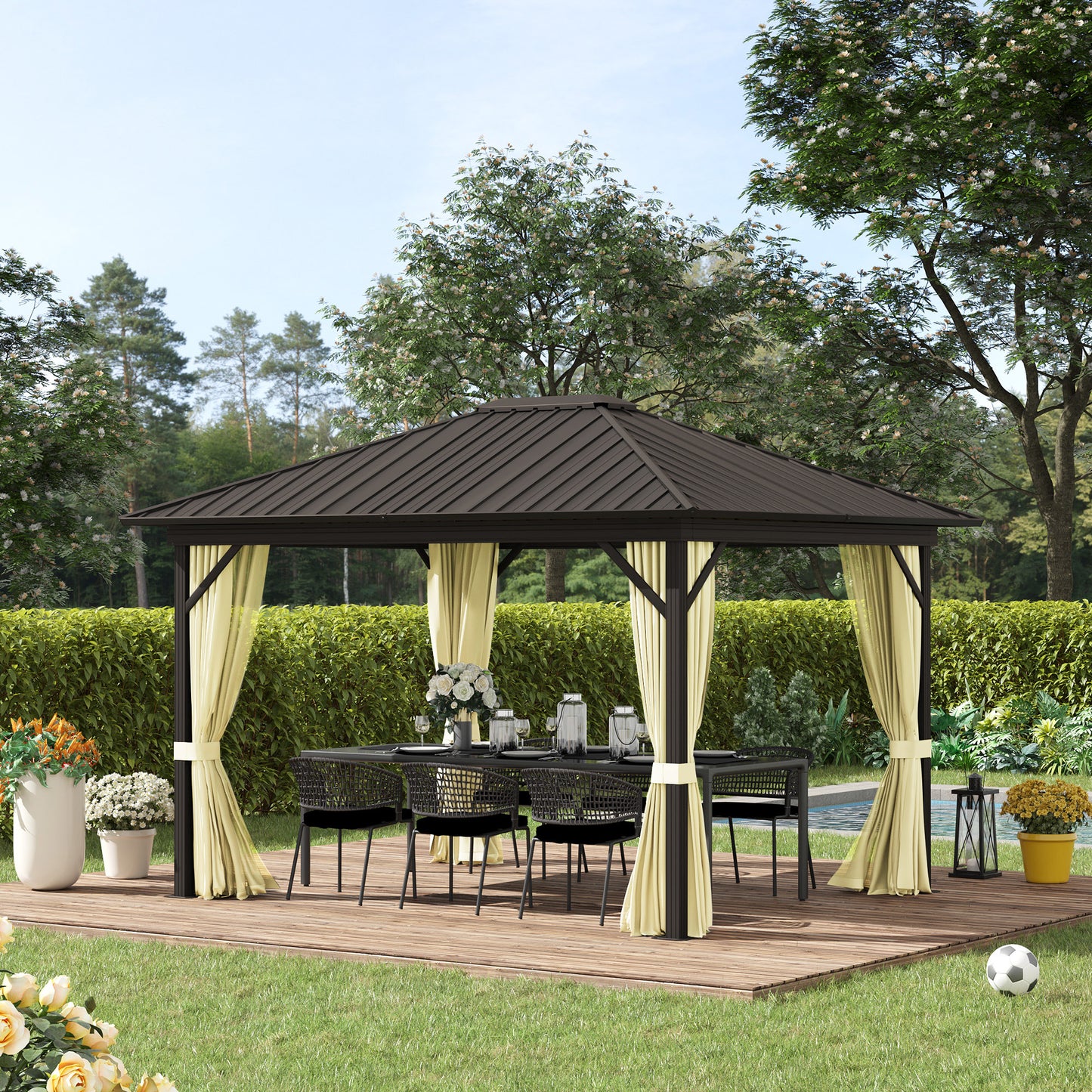 10' x 12' Outdoor Hardtop Gazebo Metal Roof Patio Gazebo with Aluminum Frame, Mesh Nettings, Curtains and Roomy Interior Space, Beige