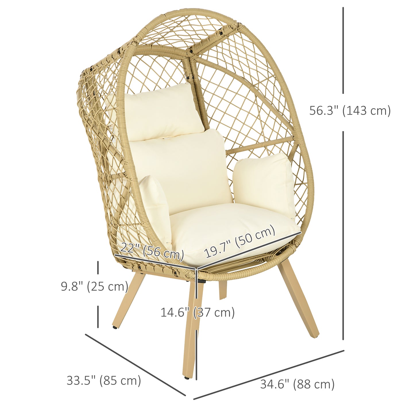 Outsunny PE Rattan Egg Chair, Patio Leisure Chair, Outdoor Furniture w/ Cushion, 34.6" x 33.5" x 56.3", White