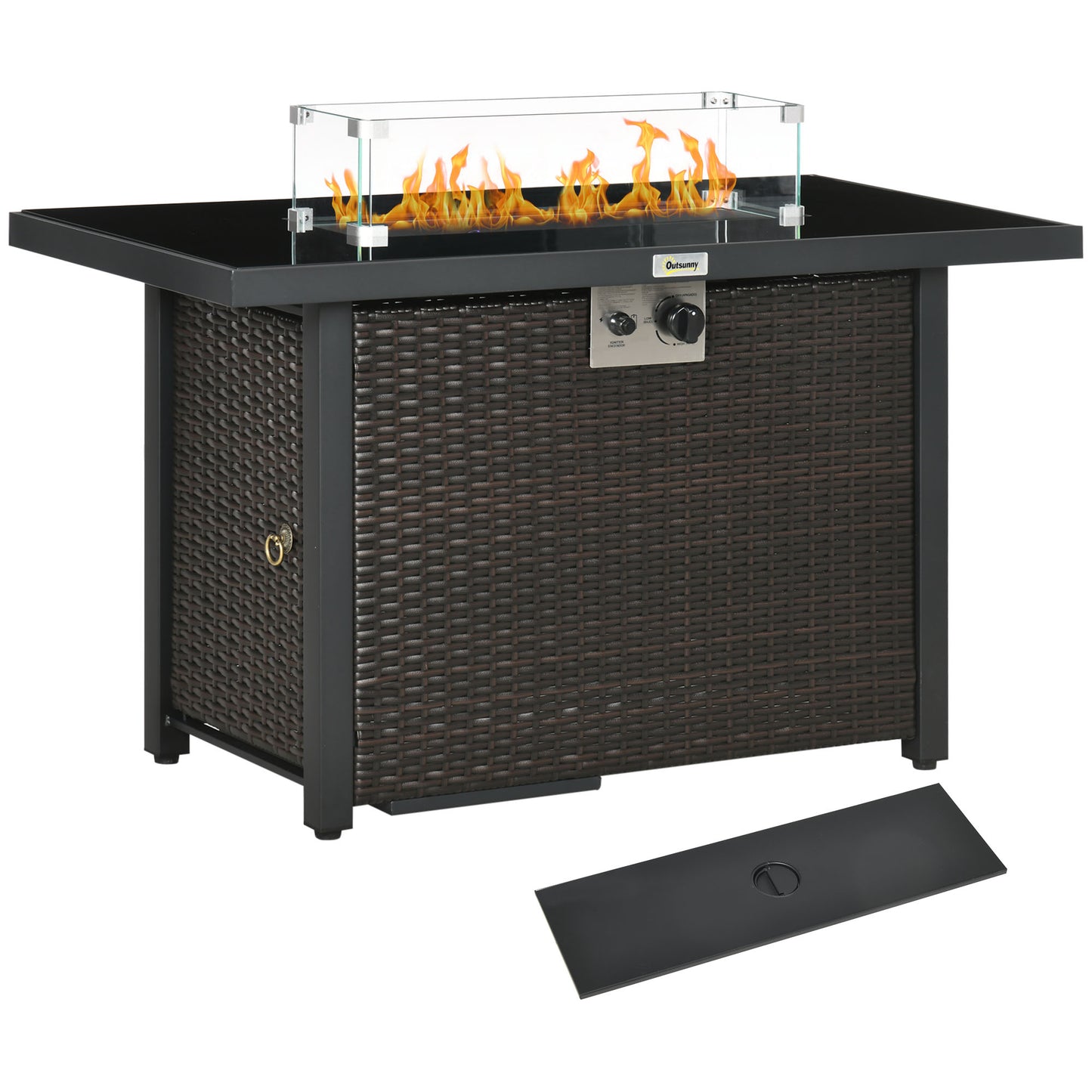 Outsunny Propane Fire Pit Table 43in Outdoor Square Fire Table, 50,000 BTU Pulse-Ignition Wicker Firepit Furniture with Glass Wind Guard, Blue Glass Rock, CSA Certification, Coffee