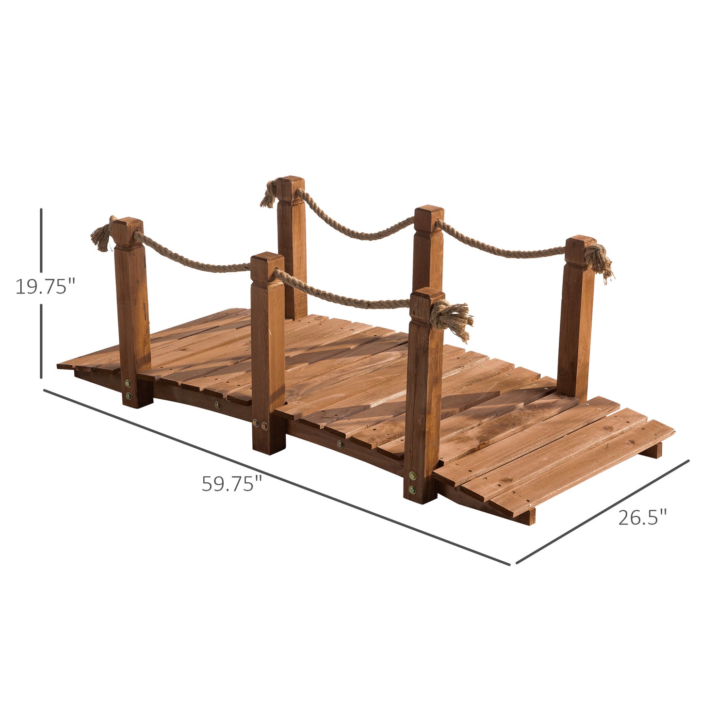 5FT Wooden Garden Bridge Outdoor Decorative Arc Footbridge with Hemp Rope Railings & Solid Fir Construction, Orange