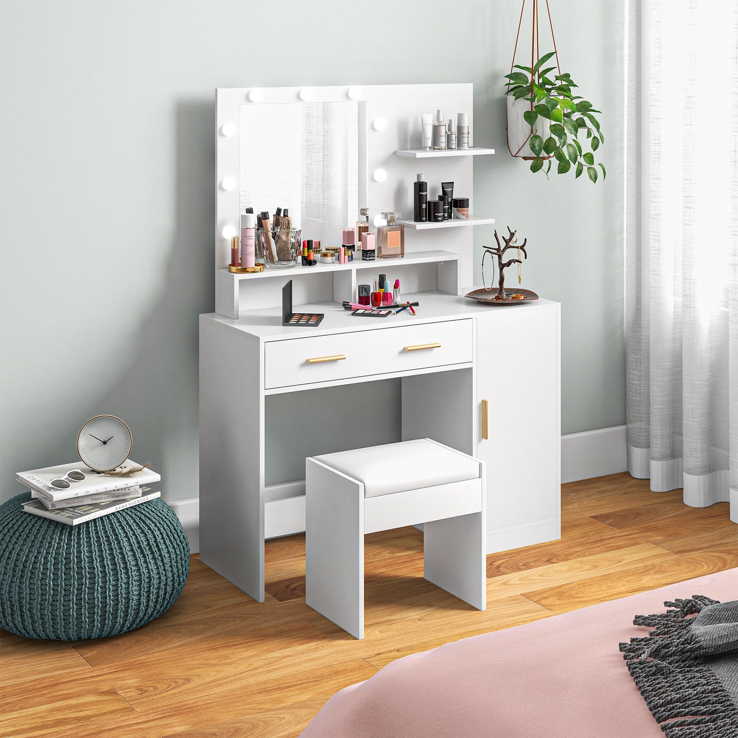 Illuminated Dressing Table Set, LED Vanity Table Set with Stool, LED Mirror, Drawer and Cabinet Shelves for Bedroom