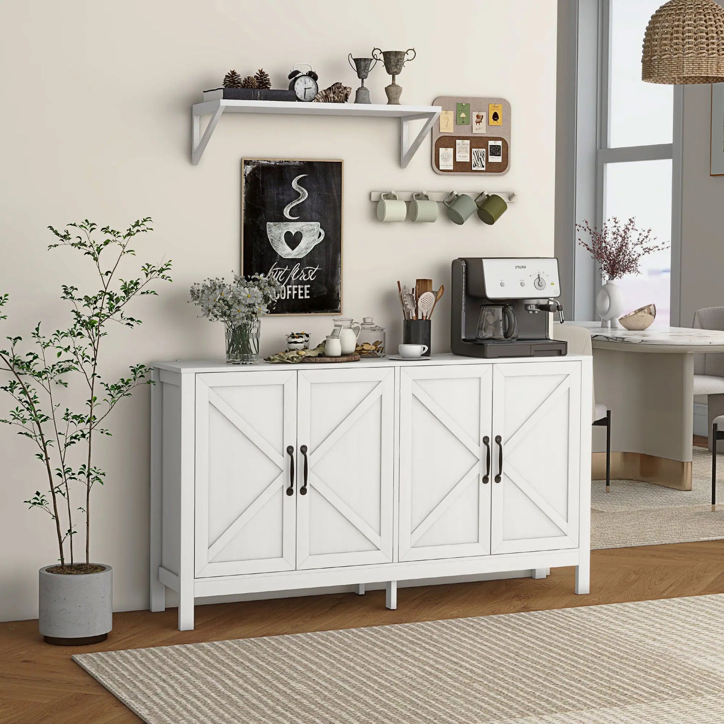 Sideboard Buffet with Barn Door and Adjustable Shelf in White