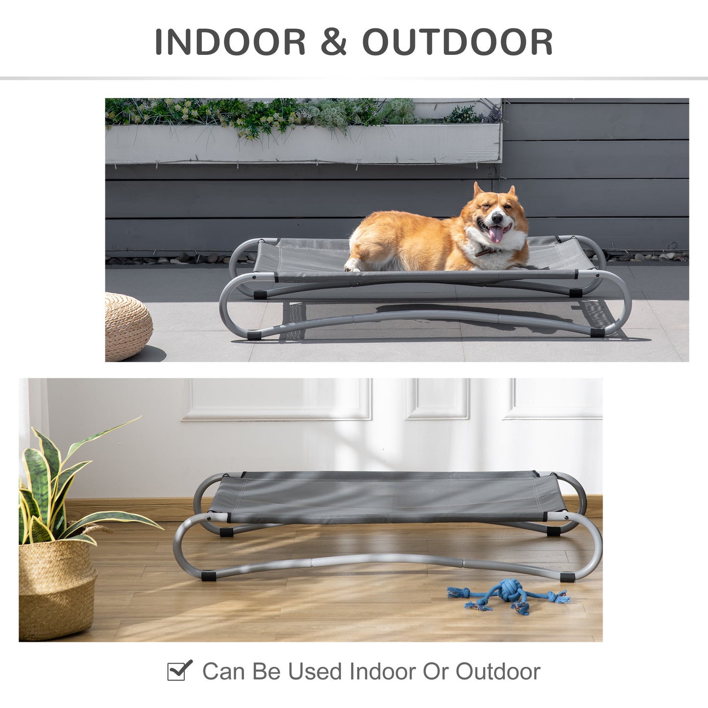 Elevated Dog Bed, Pet Cot, Steel Frame and Breathable Mesh Surface, Unique Designed Elevated Bottom, for Indoor or Outdoor Use, Grey