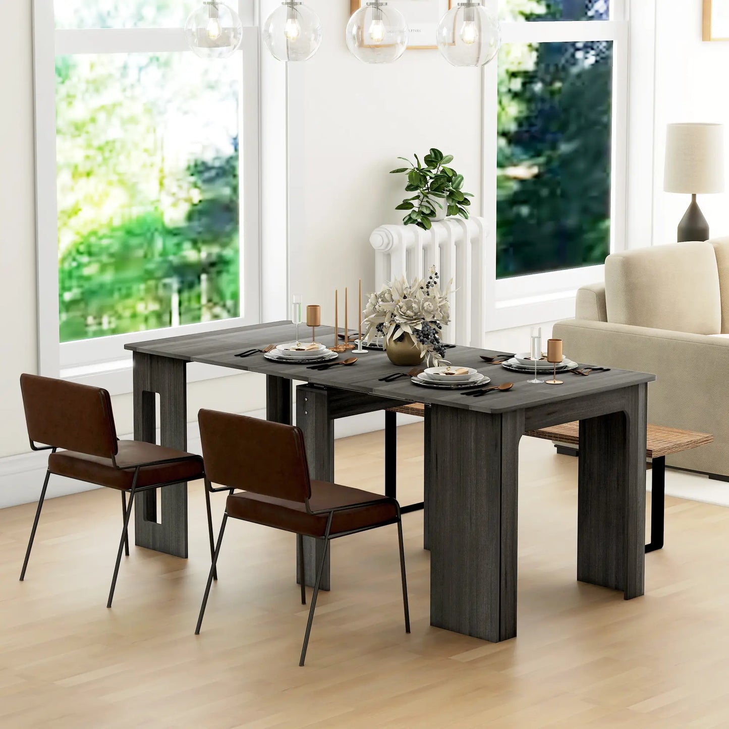 Extendable Dining Table, Kitchen Table for Small Spaces, Seats up to 6 People, Grey