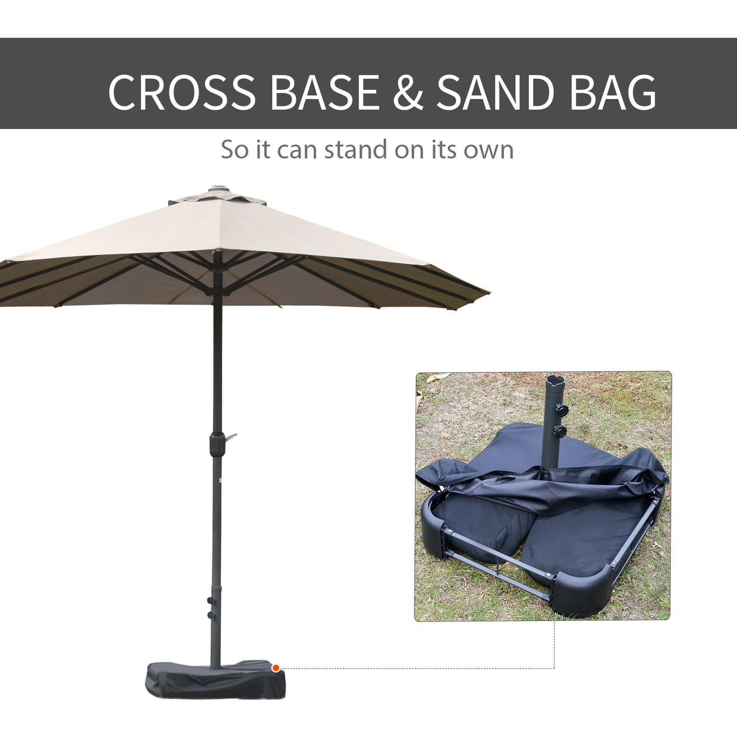 15' Outdoor Patio Umbrella with Twin Canopy Sunshade Steel Table Umbrella w/ Lift Crank, Cross base, Sandbag, Brown