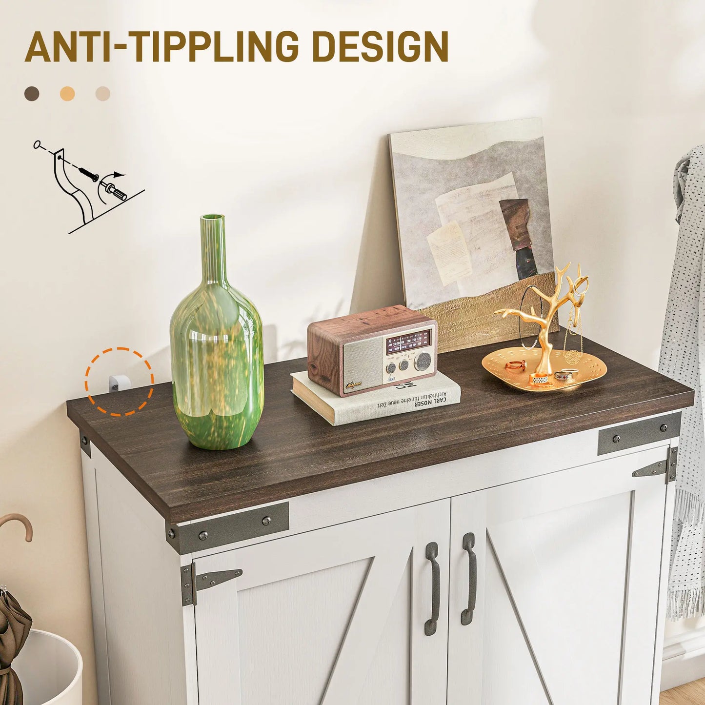 Small Sideboard Buffet or Entryway Storage Cabinet with Barn Door and Adjustable Shelves, White and Brown