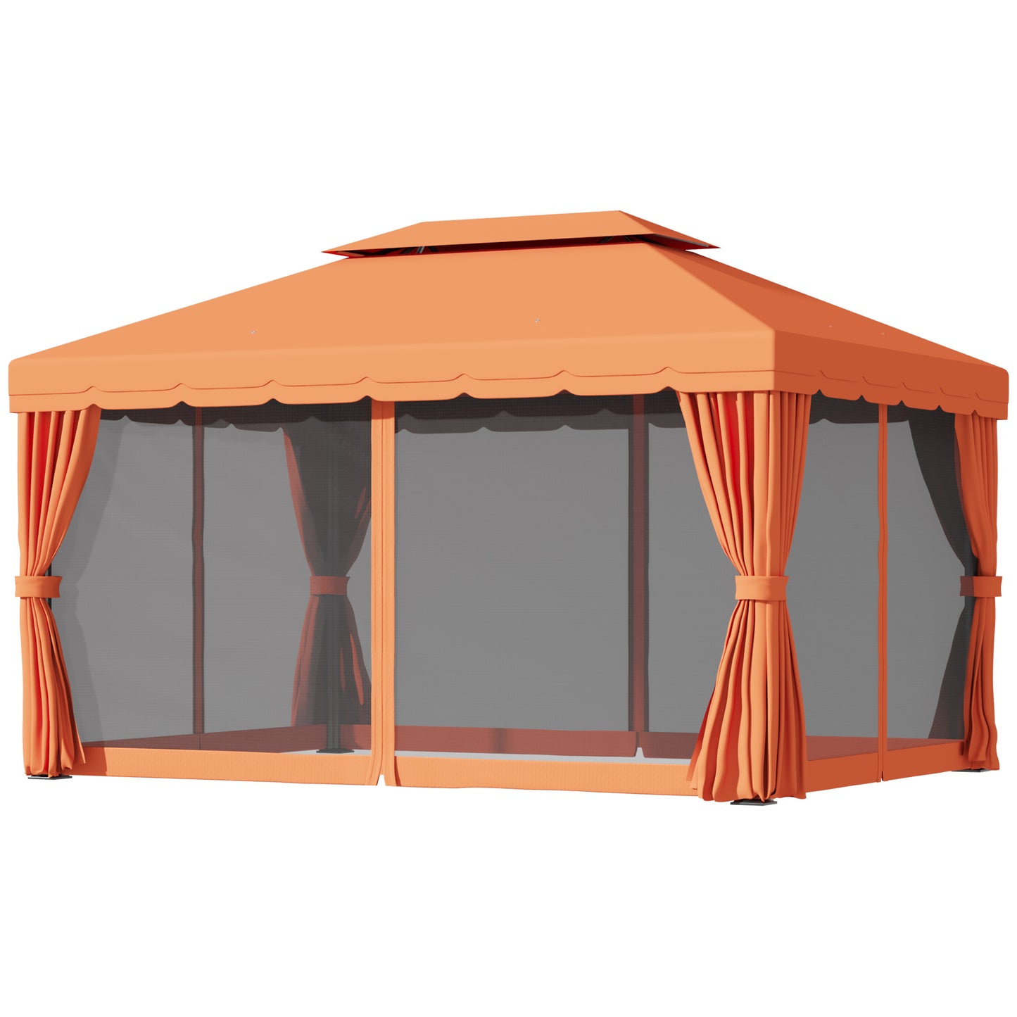 10 x 13ft Aluminum Frame Gazebo Canopy Double Tier Garden Shelter with Netting and Curtains, Orange