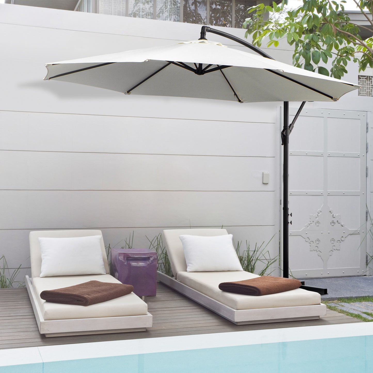 9.7ft Offset Patio UmbrellaCantilever Parasol with Crank Handle, 8 Ribs and Cross Base for Outdoor, Sun Shade, Cream