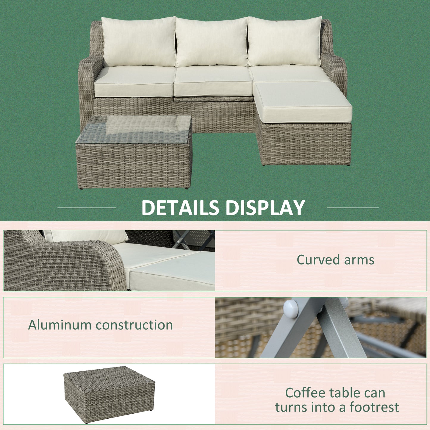 3 Pieces Wicker Patio Furniture Set with Liftable Middle Table, Aluminum Frame Full Assemblied Outdoor Sectional Conversation Sofa Set with 4" Thick Padded Cushions, Beige