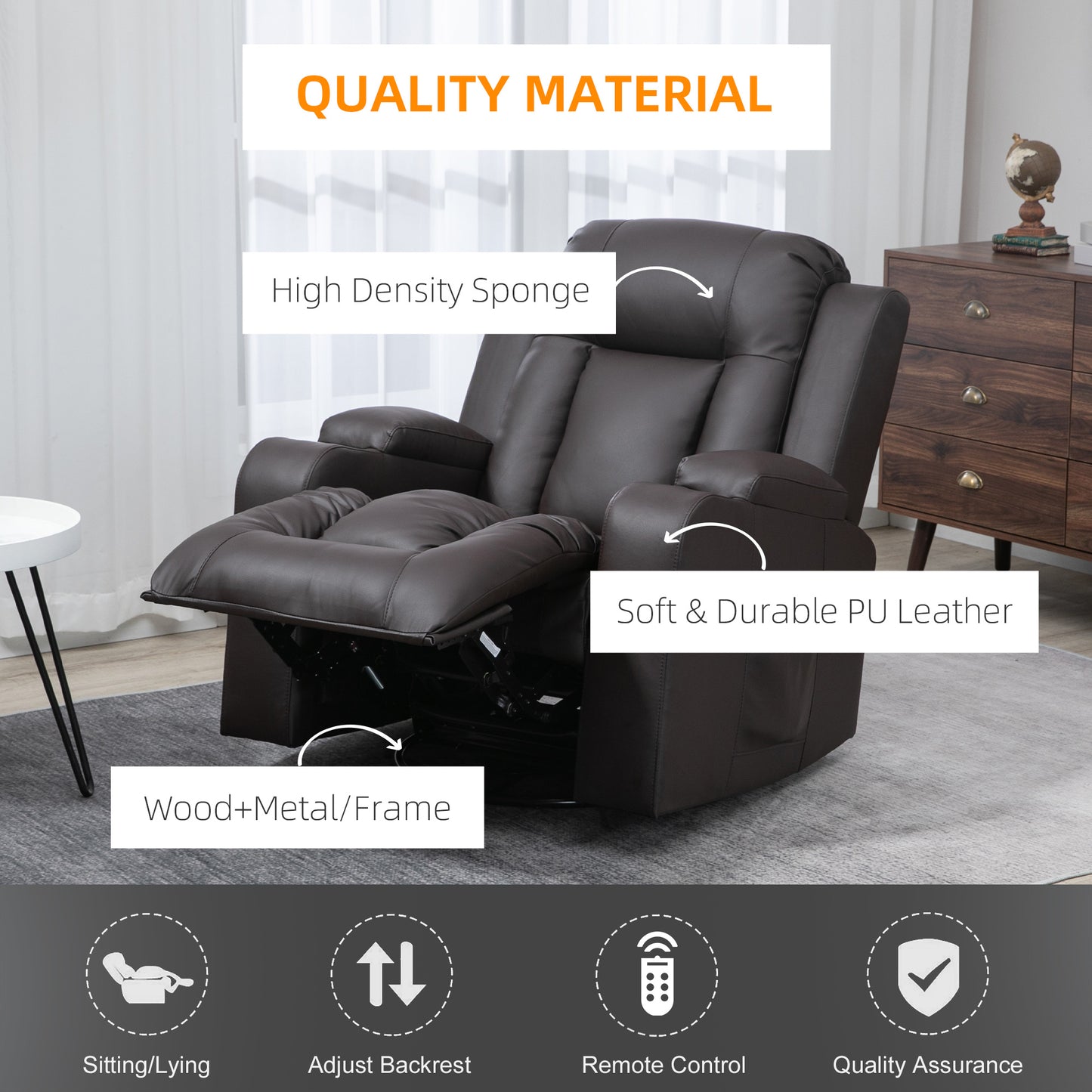 Massage Recliner Chair for Living Room with 8 Vibration Points, PU Leather Reclining Chair with Cup Holders, Swivel Base, Rocking Function, Brown