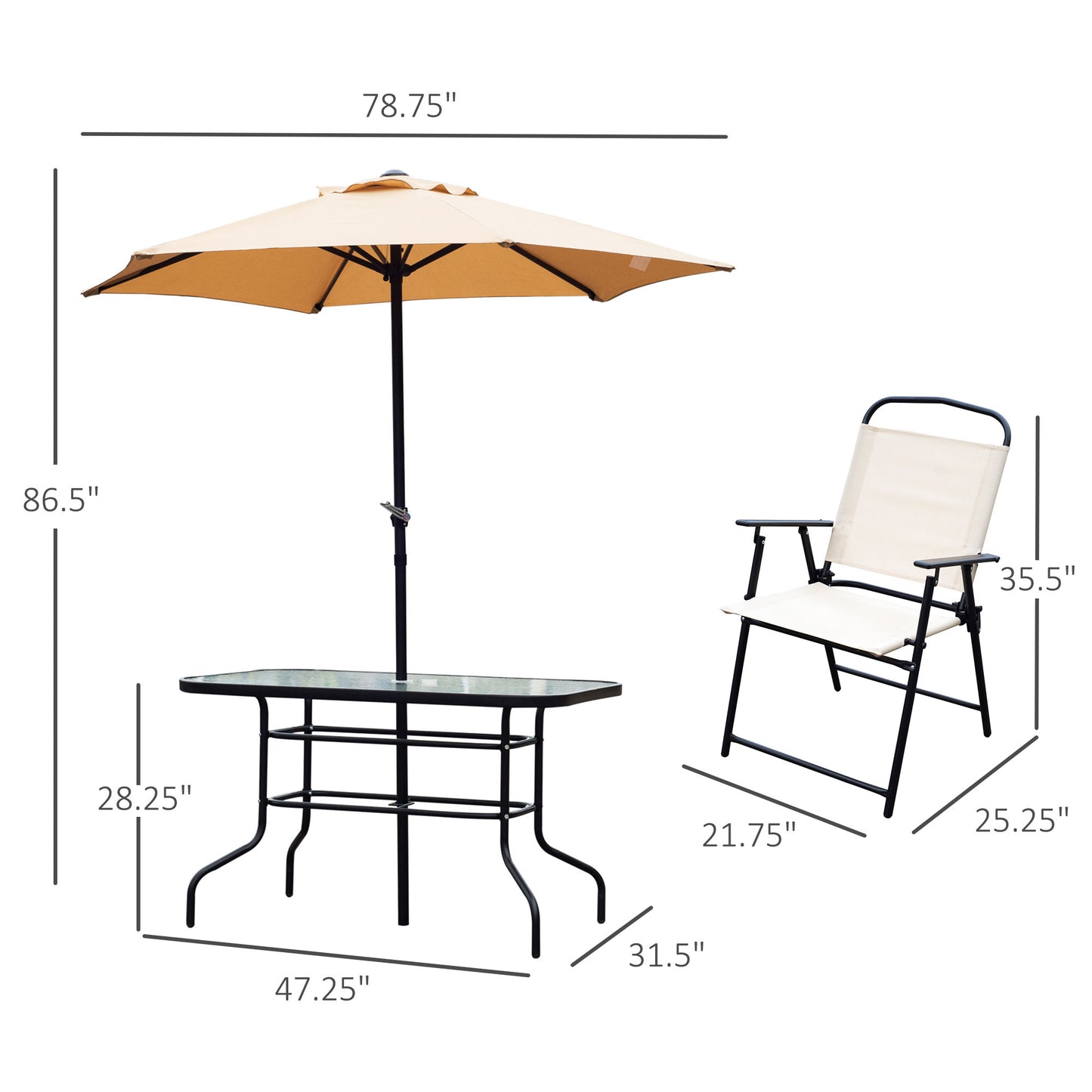 8pc Patio Garden Texteline Dining Set Outdoor Bistro Furniture 6 Folding Chairs with Table and Umbrella Beige