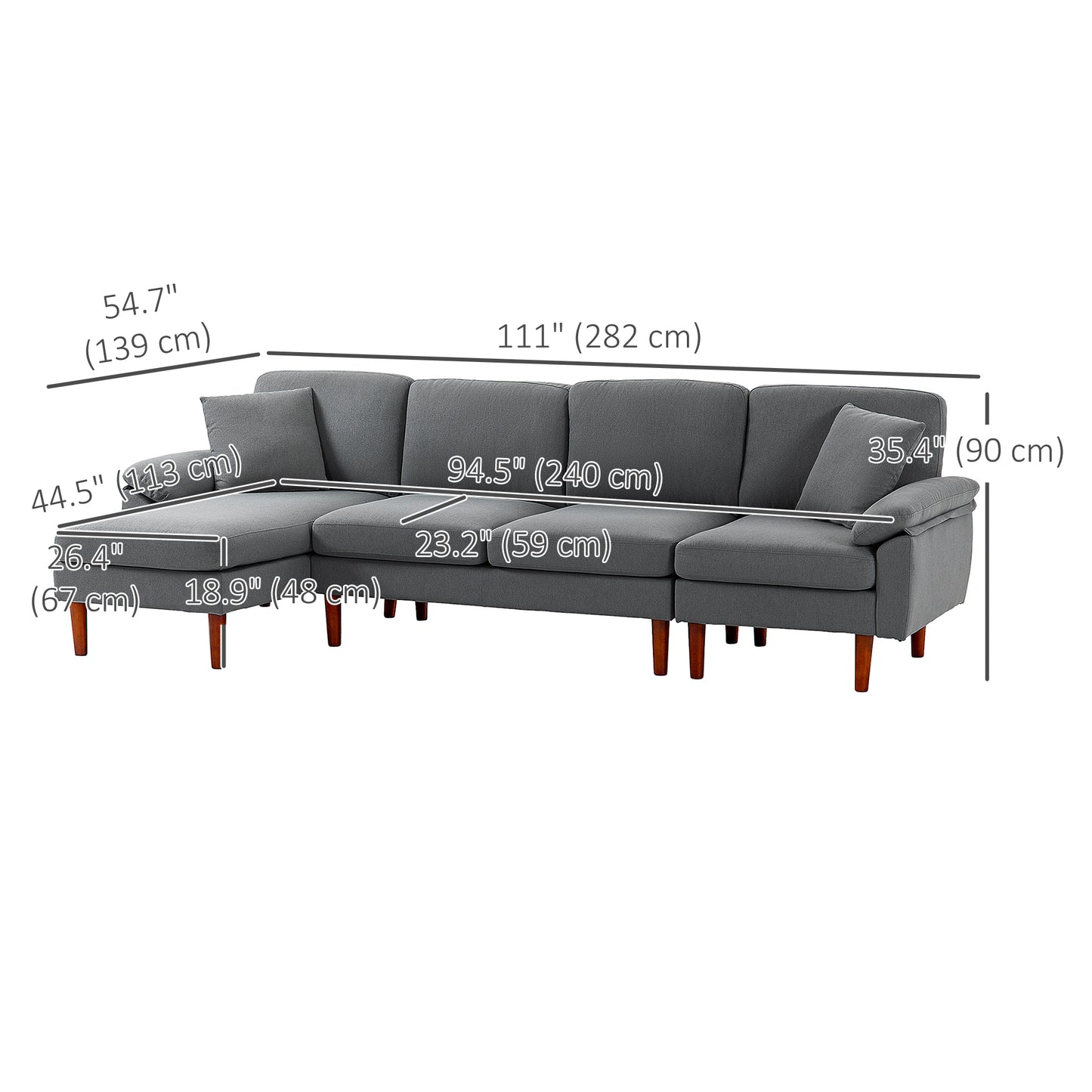 L-Shape Sofa, Modern Sectional Couch with Reversible Chaise Lounge, Pillows and Wooden Legs for Living Room, Dark Grey