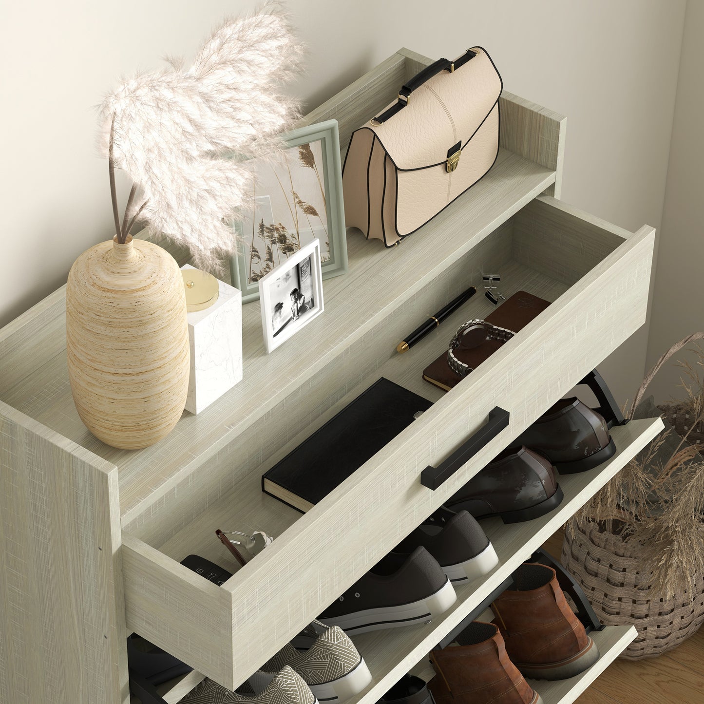 Slim Shoe Storage with 2 Flip Drawers and Adjustable Shoe Shelves for 12 Pair, Distressed White