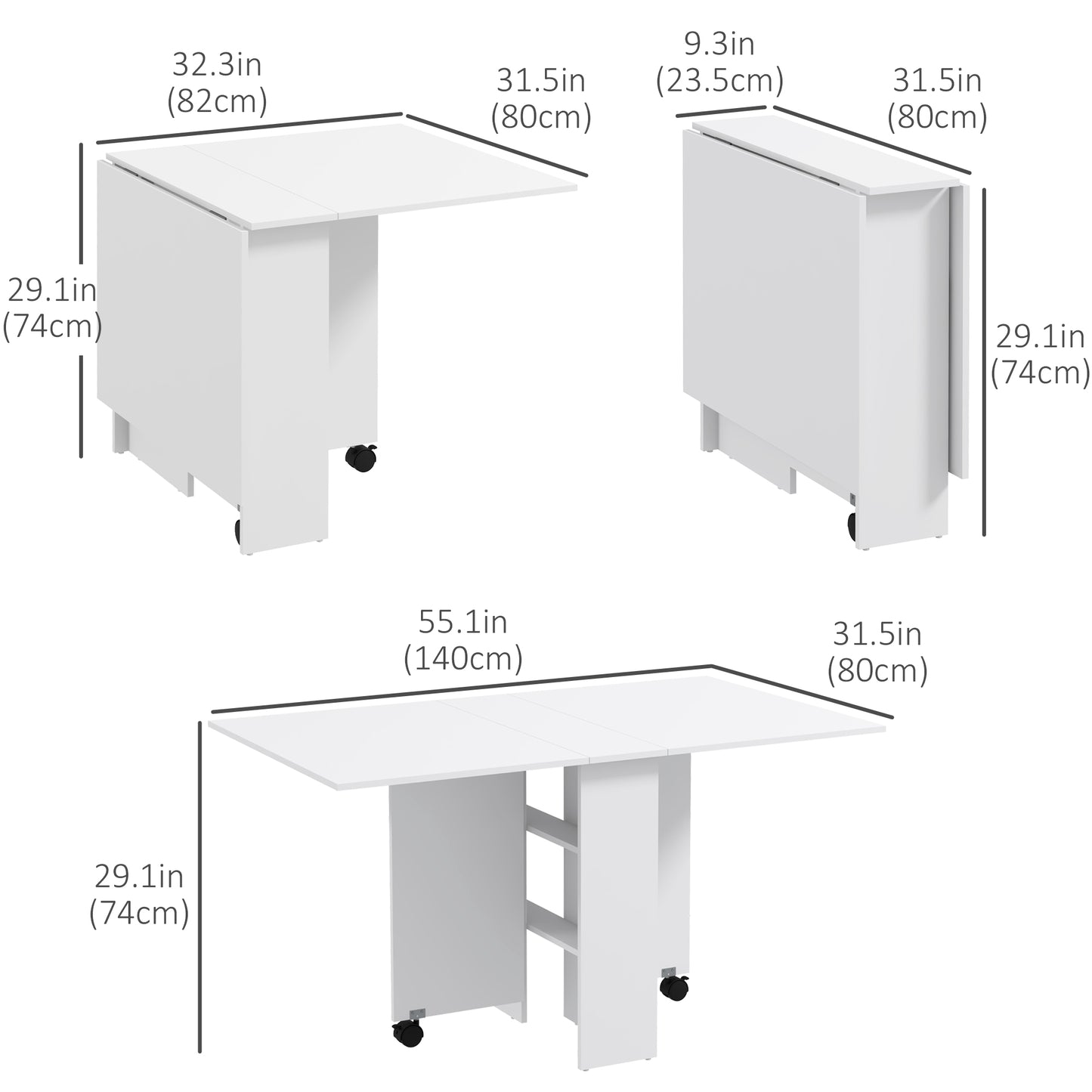 Foldable Dining Table with Storage Shelves, Drop Leaf Folding Side Table Console Writing Desk with 2 Wheels for Kitchen, White