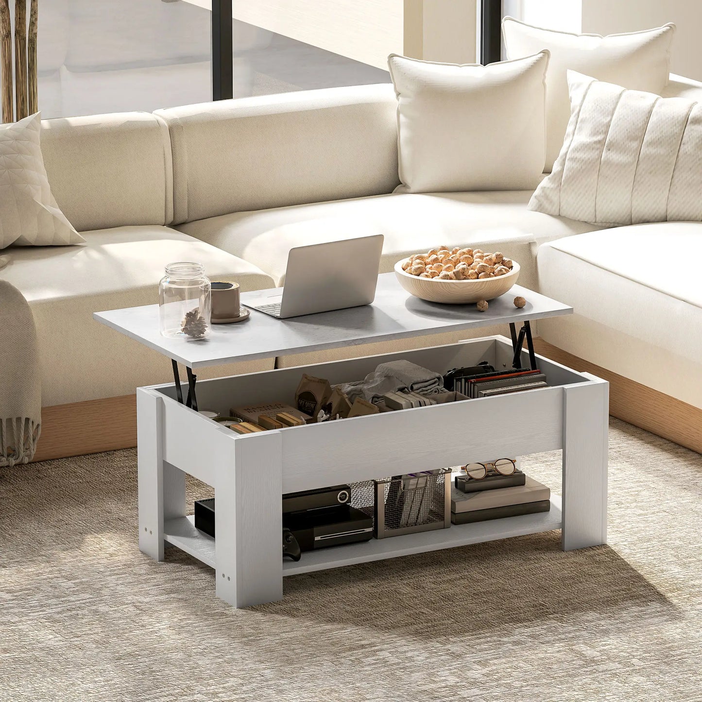 Lift Top Coffee Table with Hidden Storage Compartment and Open Shelf, White