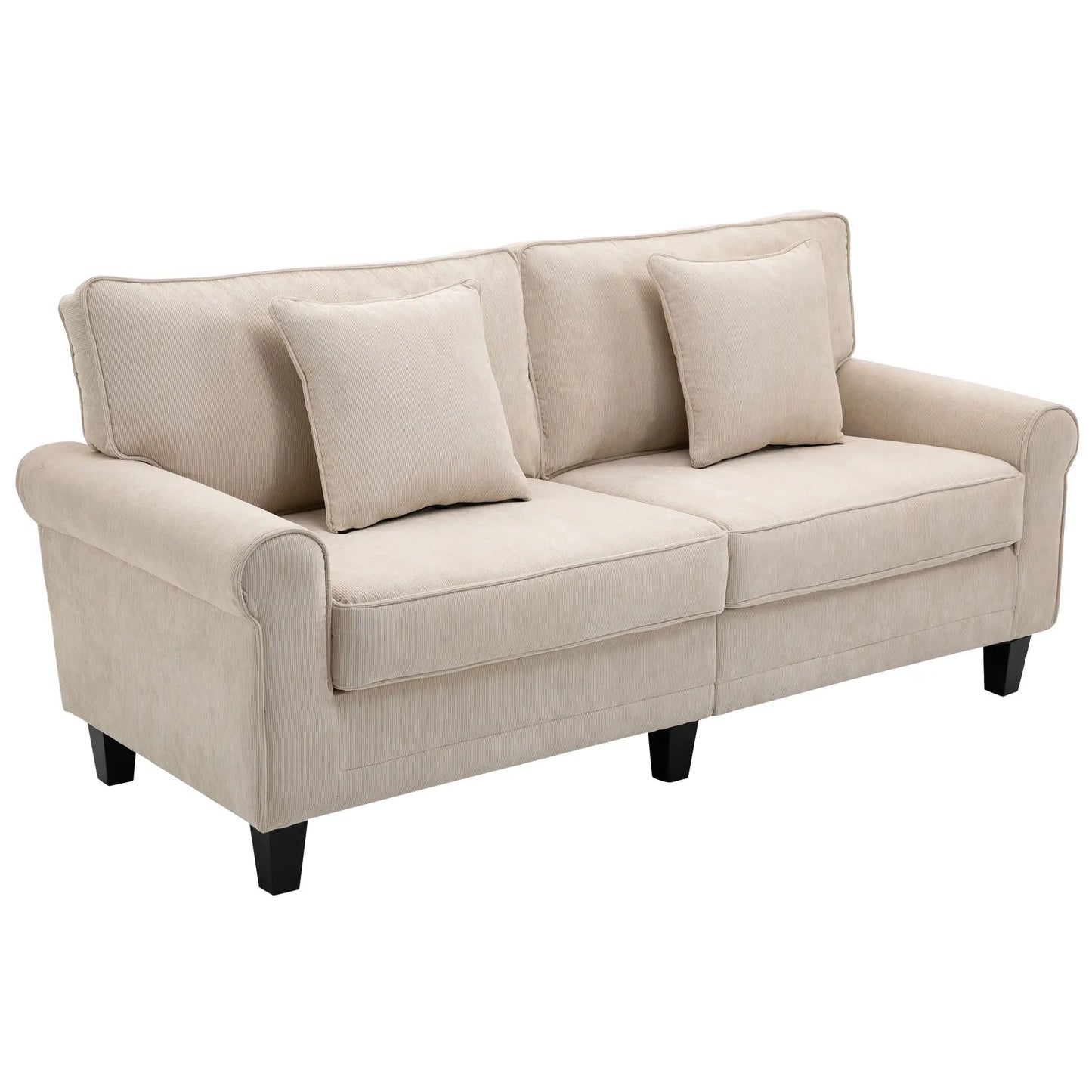 Corduroy Fabric 3 Seater Couch with Pine Wood Legs and Rolled Armrests for Living Room, Beige