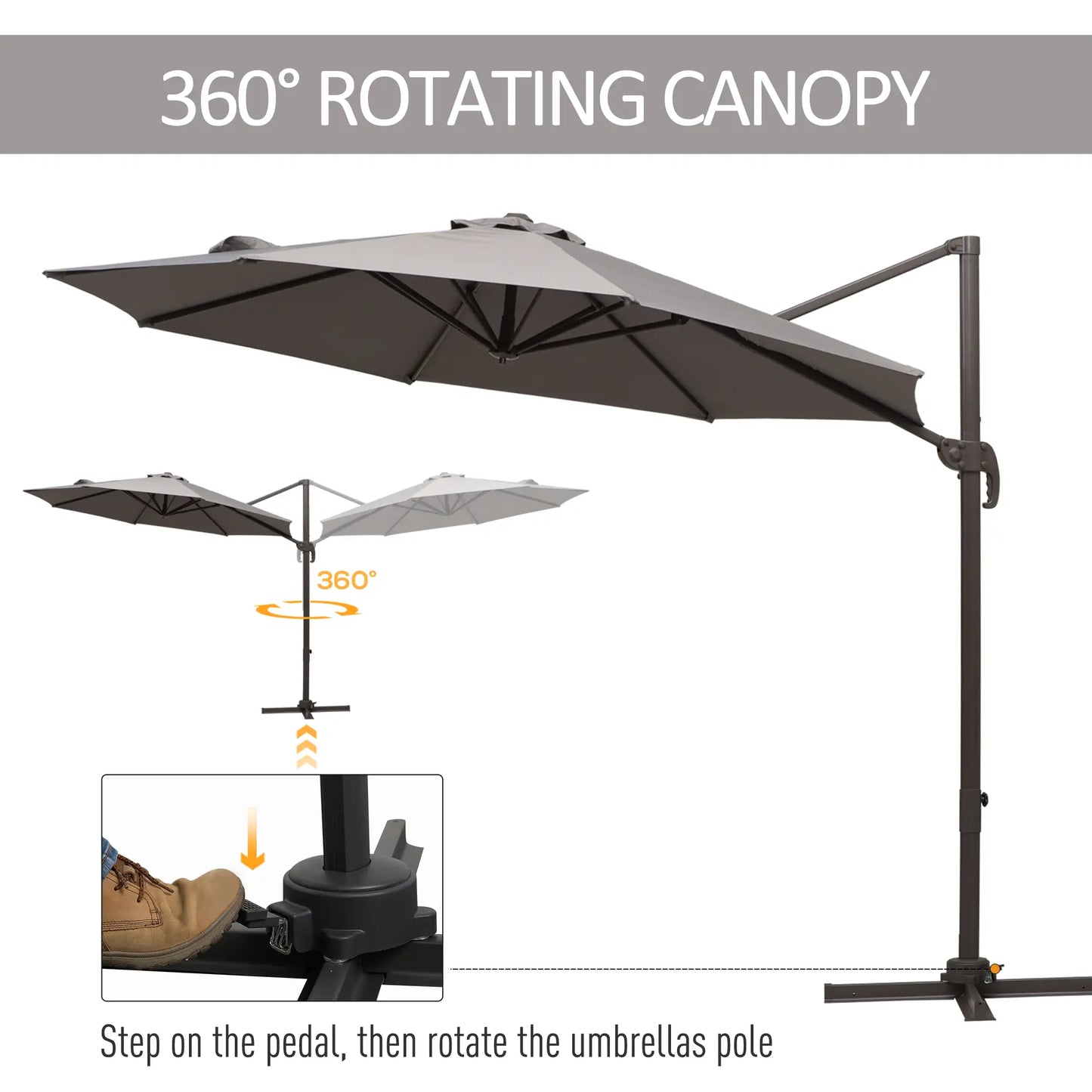 10ft Cantilever Patio Umbrella with 360° Rotation, Aluminum  with 4-Position Tilt, Crank & Cross Base for Garden, Deck, Pool, Backyard, in Light Grey