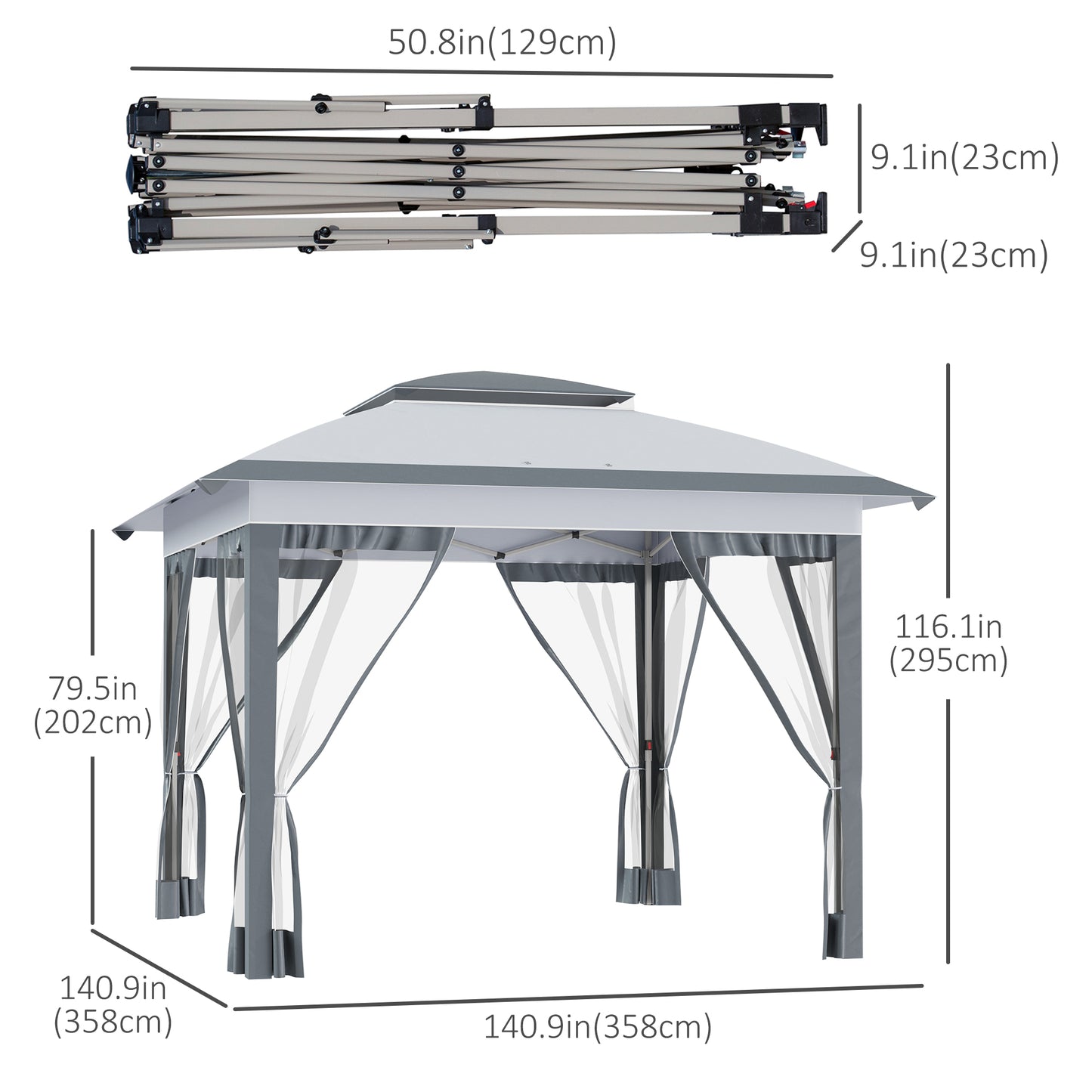 12' x 12' Pop Up Canopy Sun Shade Instant Tent Folding with Mesh Sidewalls, 3-Level Adjustable Height and Storage Bag, Gray