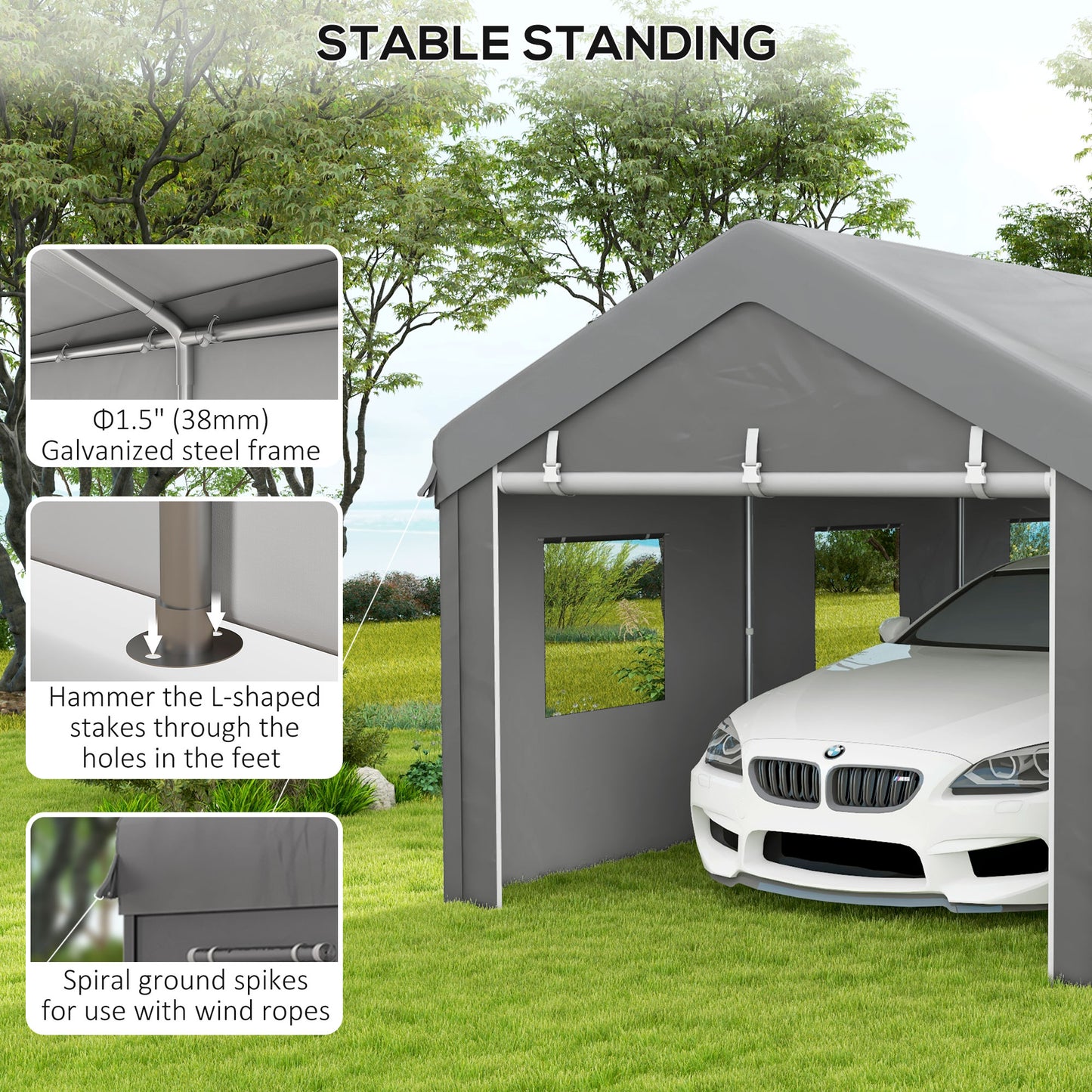 10' x 20' Carport, Heavy Duty Portable Garage with 6 Mesh Windows and 2Doors, Grey