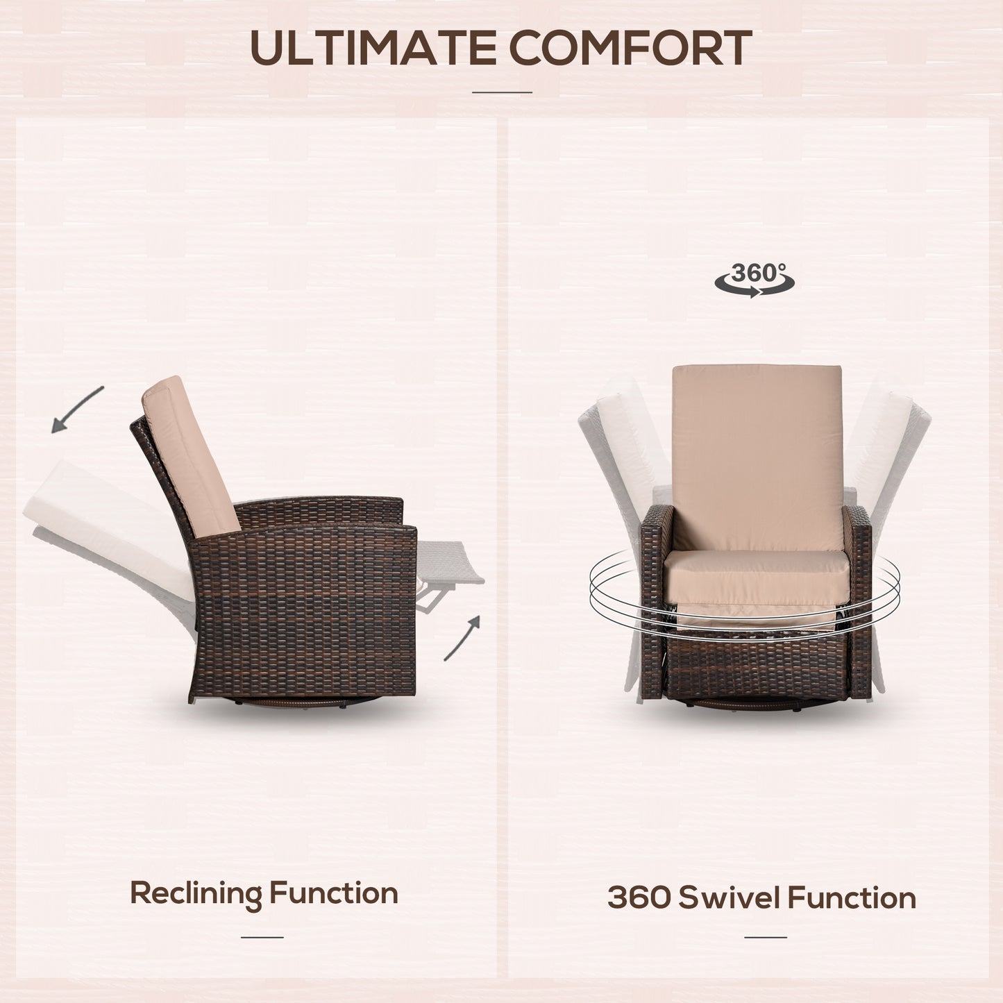 Outdoor Recliner Chair Rattan Swivel Chair, Wicker Sofa with Footrest & Soft Cushion, Khaki & Brown