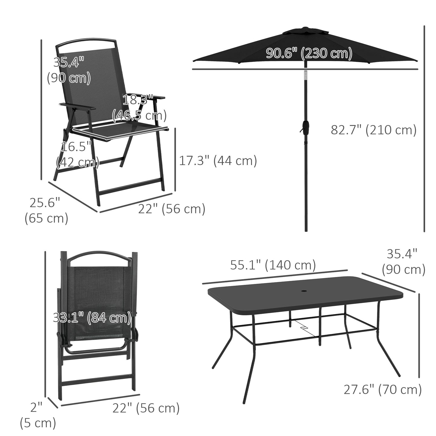 8 Piece Patio Set with Umbrella, 6 Folding Chairs, Rectangle Table, Set for 6 with Mesh Seat, Black