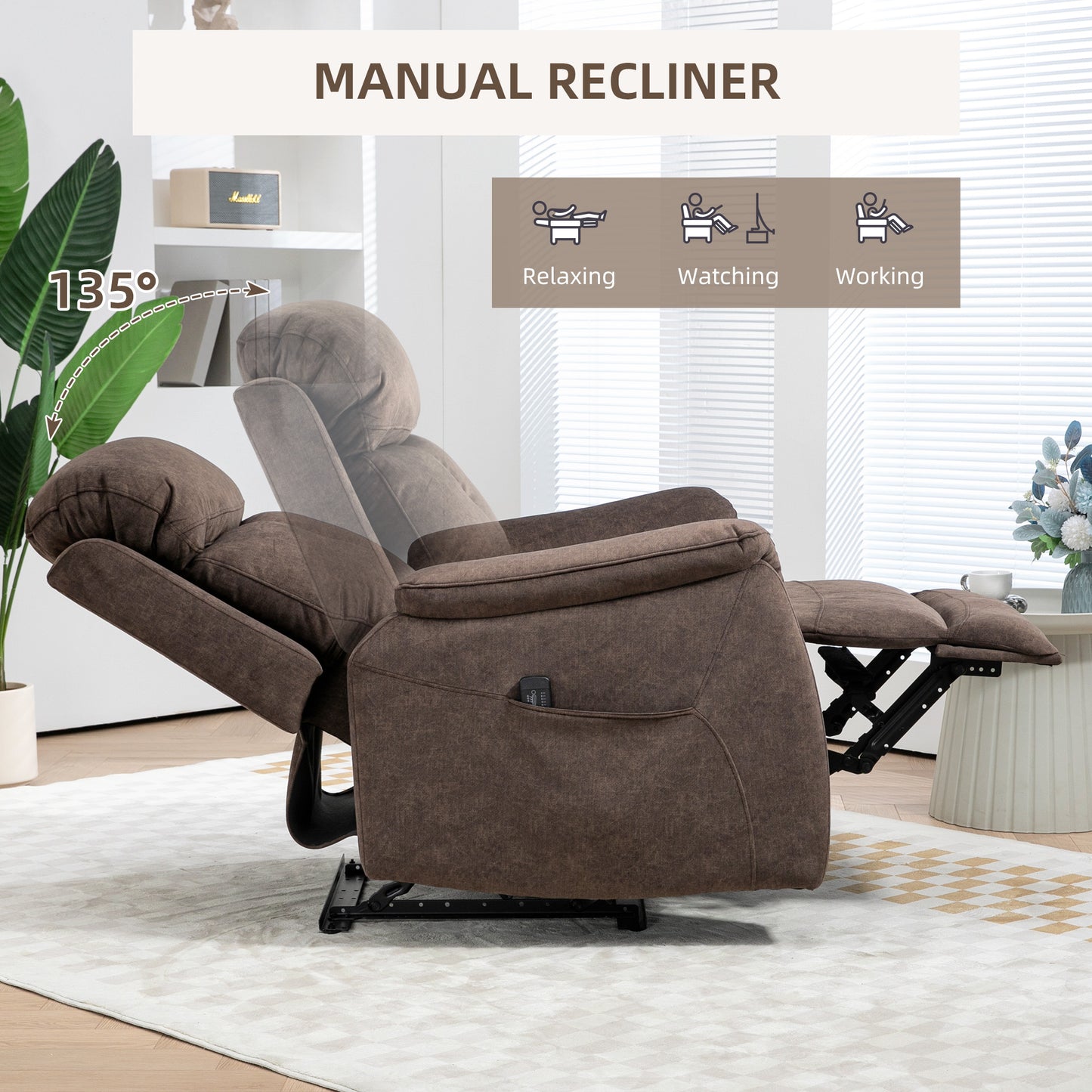 Manual Recliner Chair with Vibration Massage, Reclining with Side Pockets, in Brown