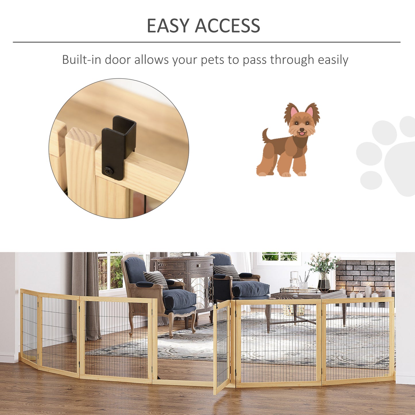 PawHut Wooden Pet Gate, Dog Safety Barrier, Freestanding Foldable Fence, w/ 6 Panels, 2 Support Feet, for House Doorway Stairs, Small & Medium Dogs, Natural Wood