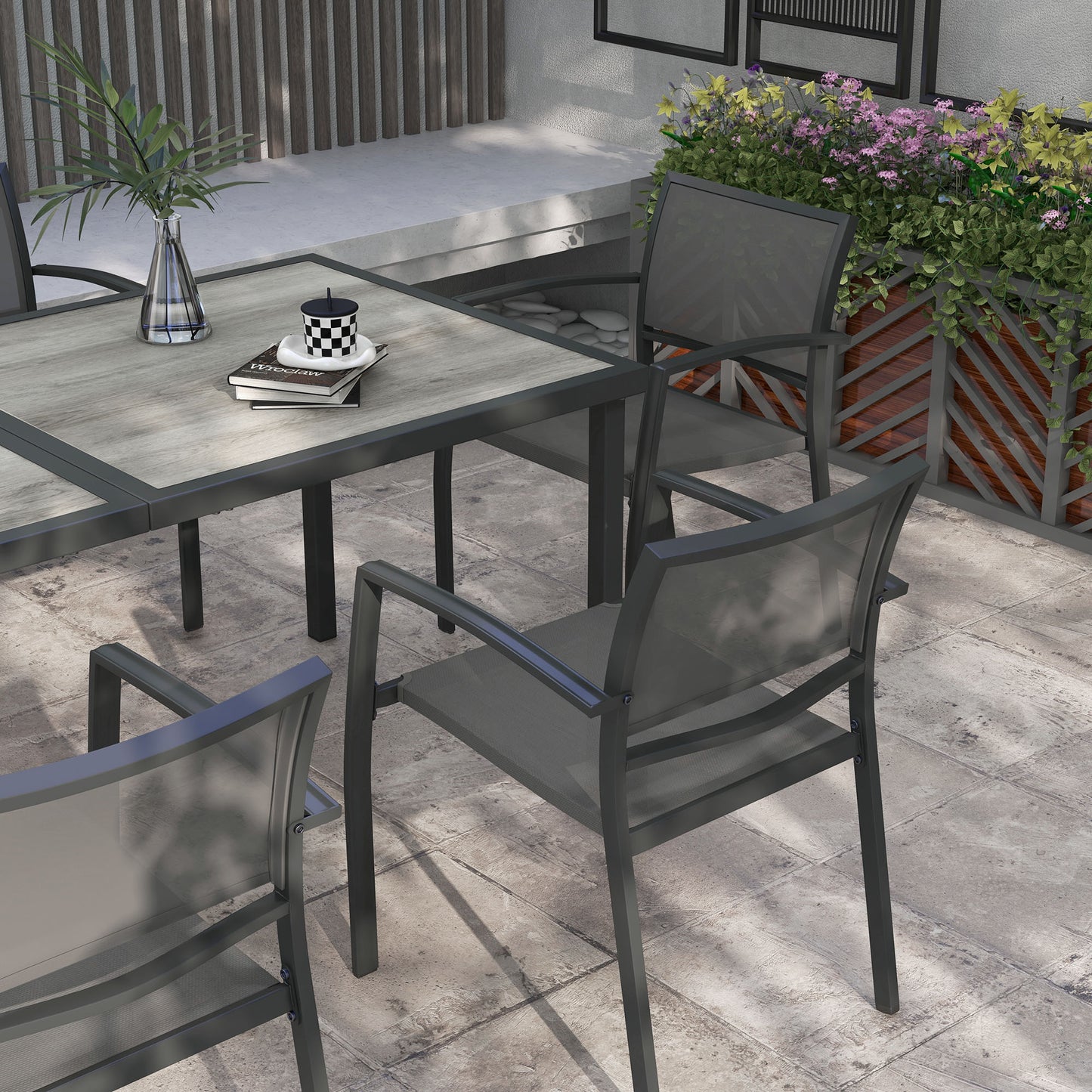 7 Pieces Outdoor Dining Set with 6 Stackable Chairs, Patio Table and Chairs with Plastic Top, Breathable Mesh Seat Back