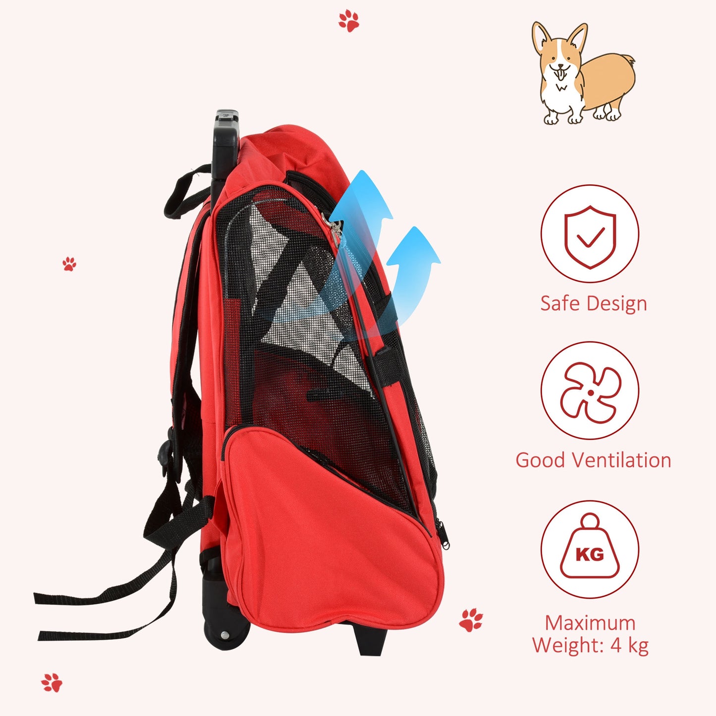 4-IN-1 Pet Luggage Box Carrier Cat Dog Backpack Crate Rolling Wheel w/ Removable Stand Red