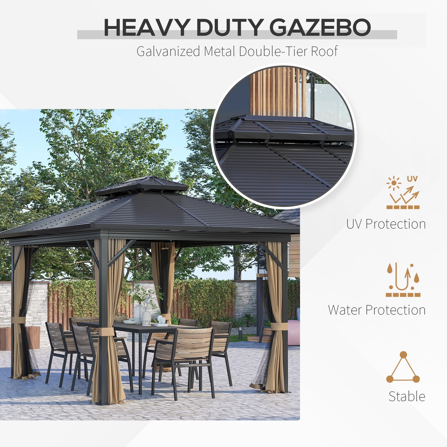 10' x 12' Hardtop Gazebo, Aluminum Frame Garden Sun Shelter with Double Tier Metal Roof, Mosquito Netting, Curtains, and Hanging Hook, Brown