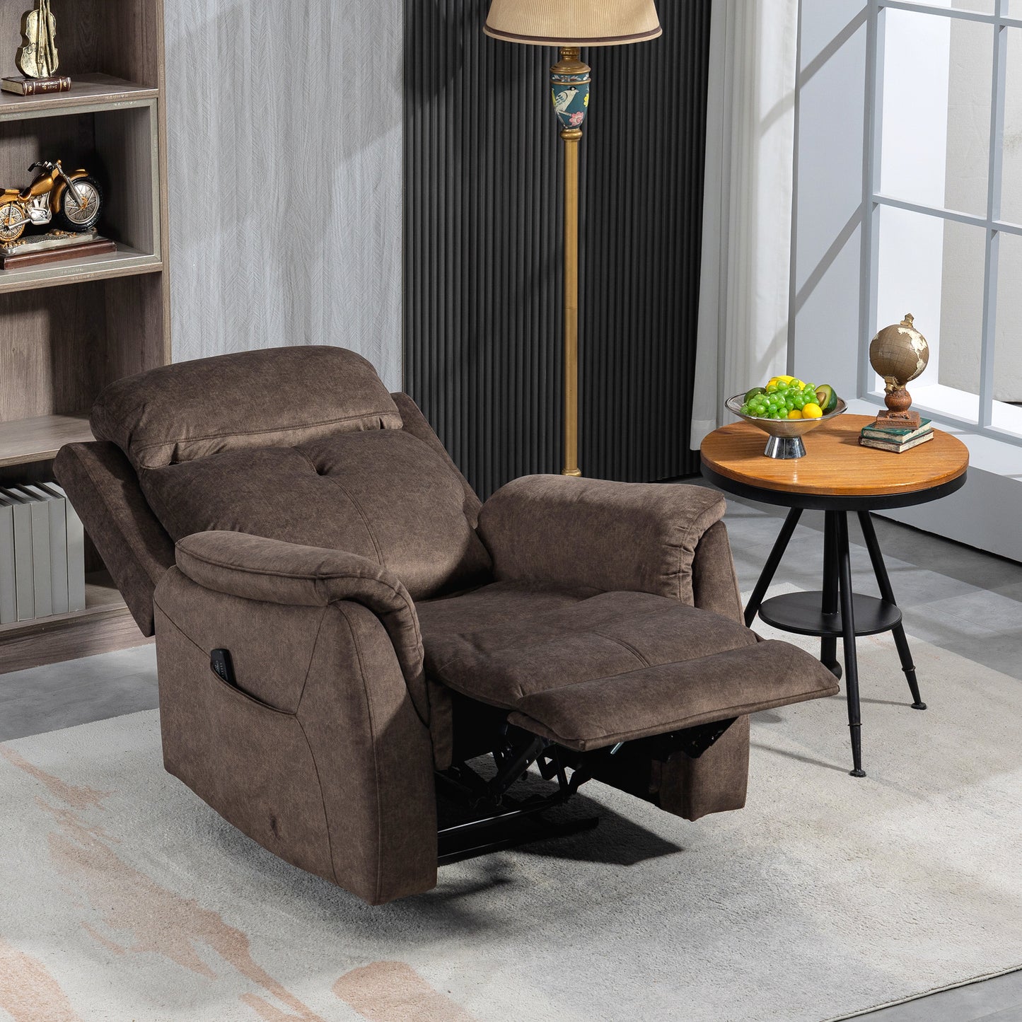 Manual Recliner Chair with Vibration Massage, Reclining with Side Pockets, in Brown